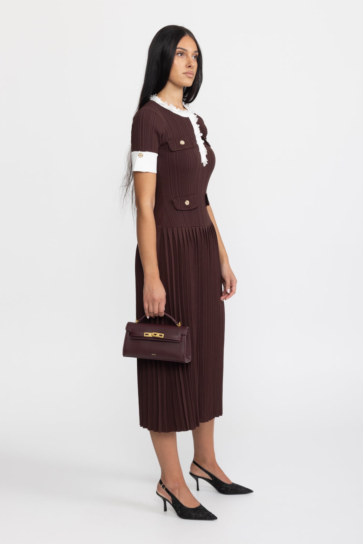 Rochie midi din tricot plisat cu volane decorative - Chocolate 