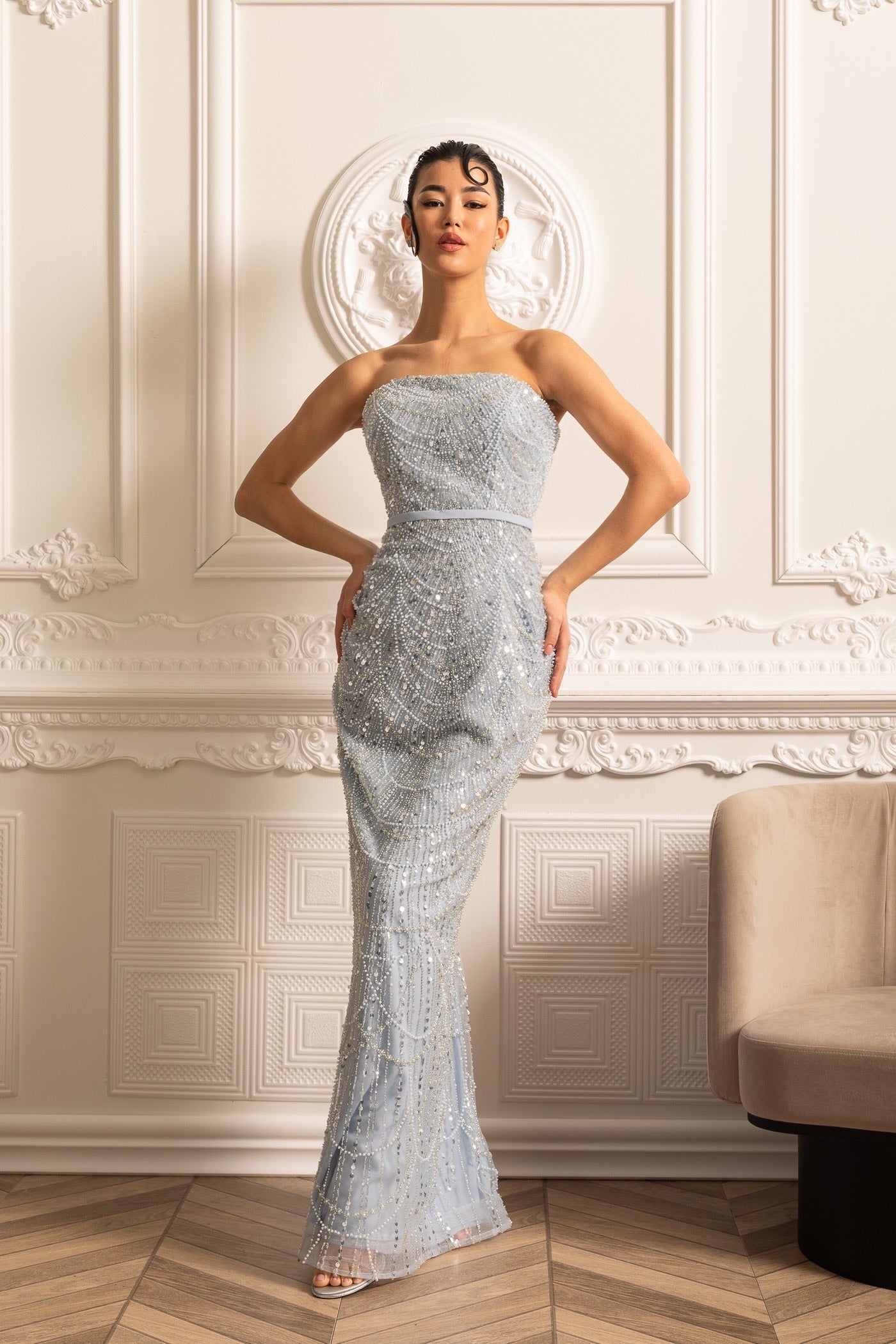 Glamourous Beaded Gown With Detachable Veil - Blue