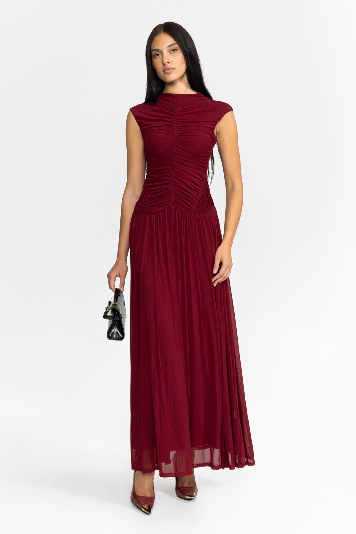 Rochie maxi din mesh drapată, cu talie joasă - Wine 