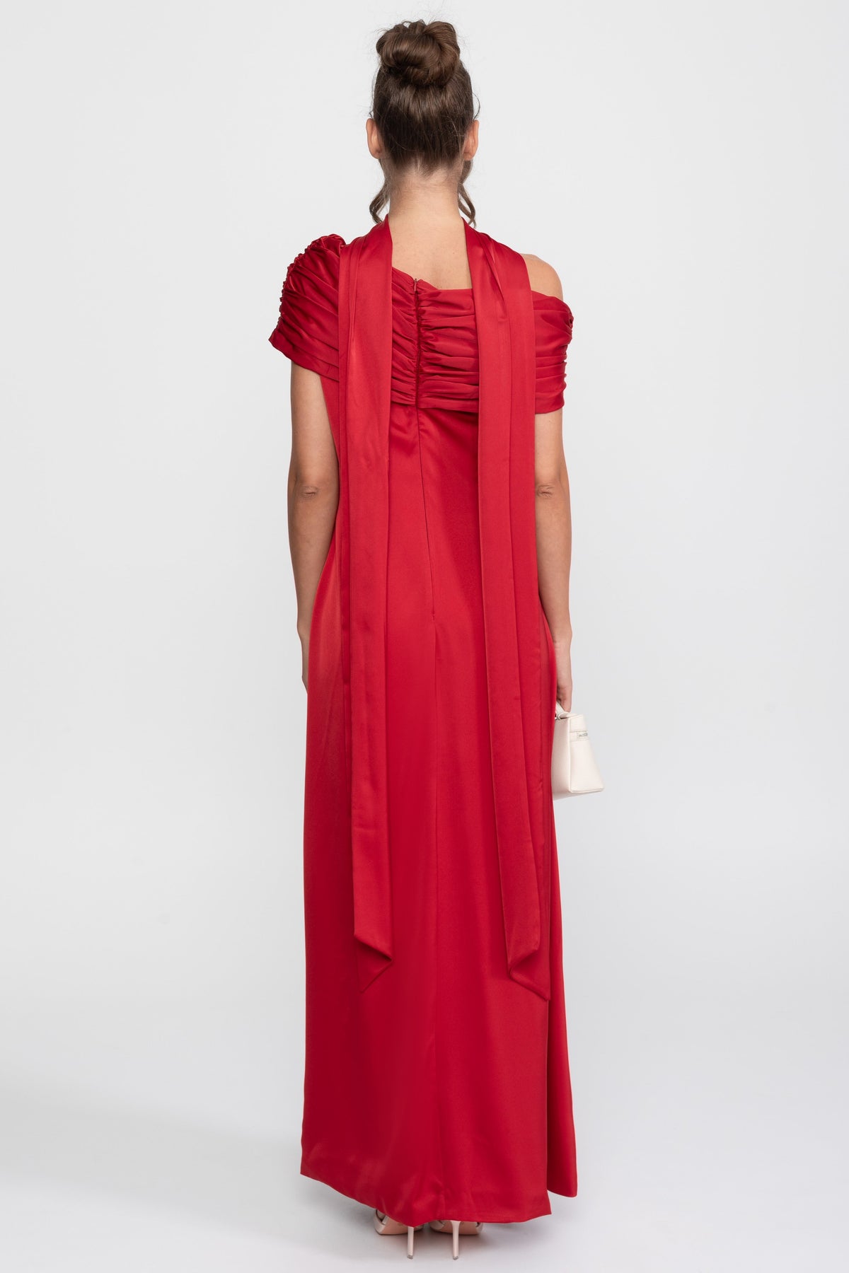 Rochie lungă din satin drapată, cu un umăr, cu înfășurare cu fronseuri - Red 