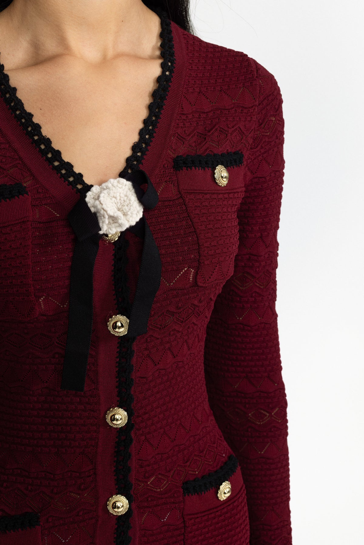 Crochet Trim Knit Button Midi Dress with Flower Brooch - Wine