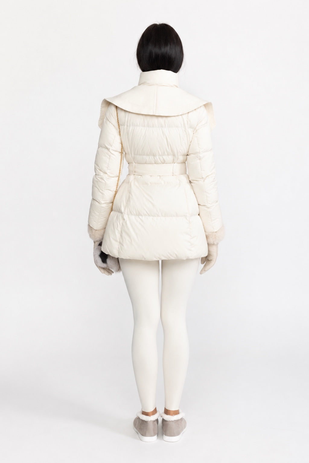 Draped Collar Belted Down Jacket with Plush Cuffs - Ivoire