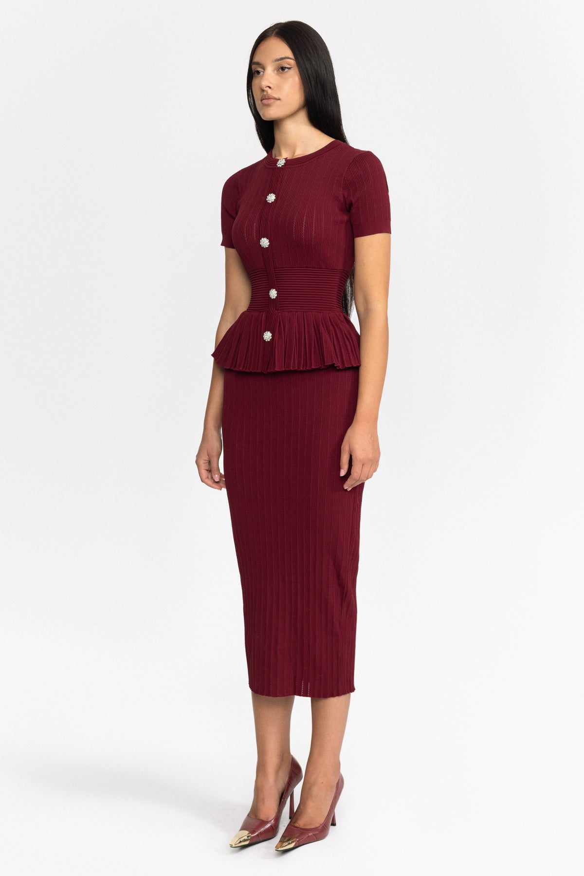 Pleated Peplum Knit Pencil Midi Dress - Wine