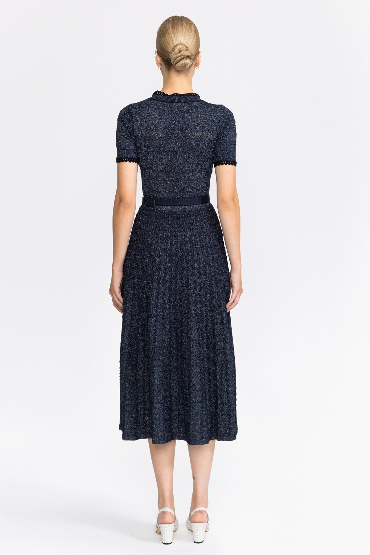 Rochie midi din tricot pointelle metalizat cu cordon - bleumarin 