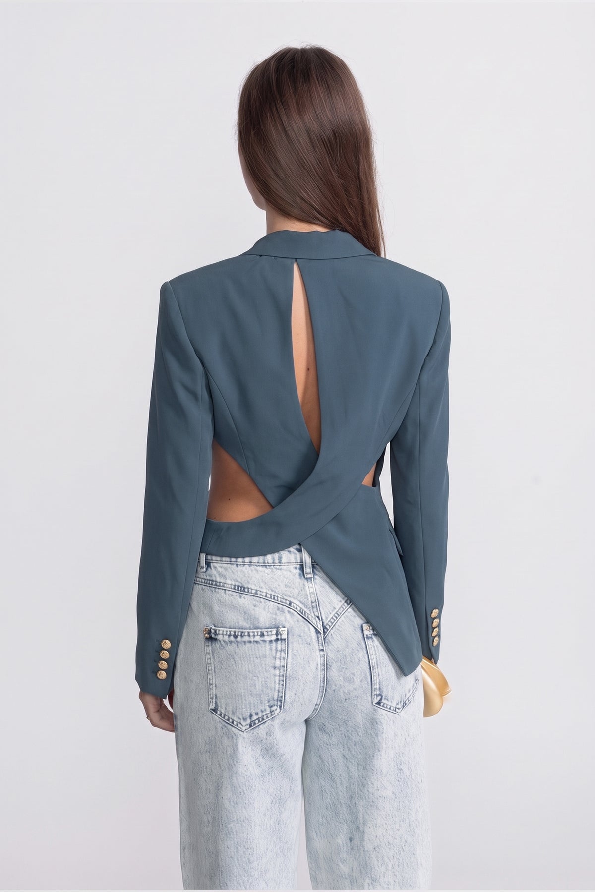 Asymmetric Cut-Out Blazer with Belt Detail - Teal