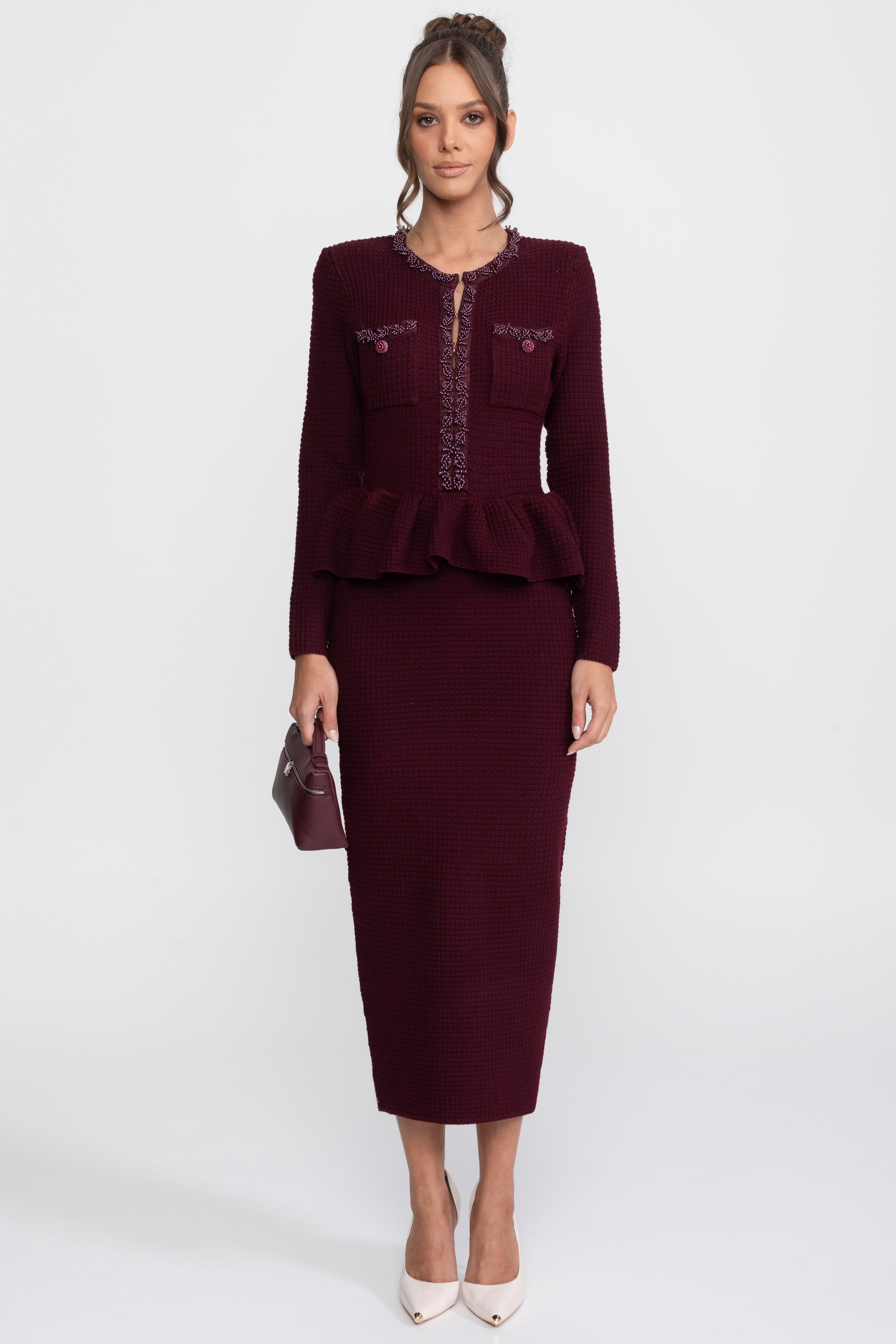 Rochie tricotată peplum cu finisaj fringe și buzunare frontale la piept - Burgundy 