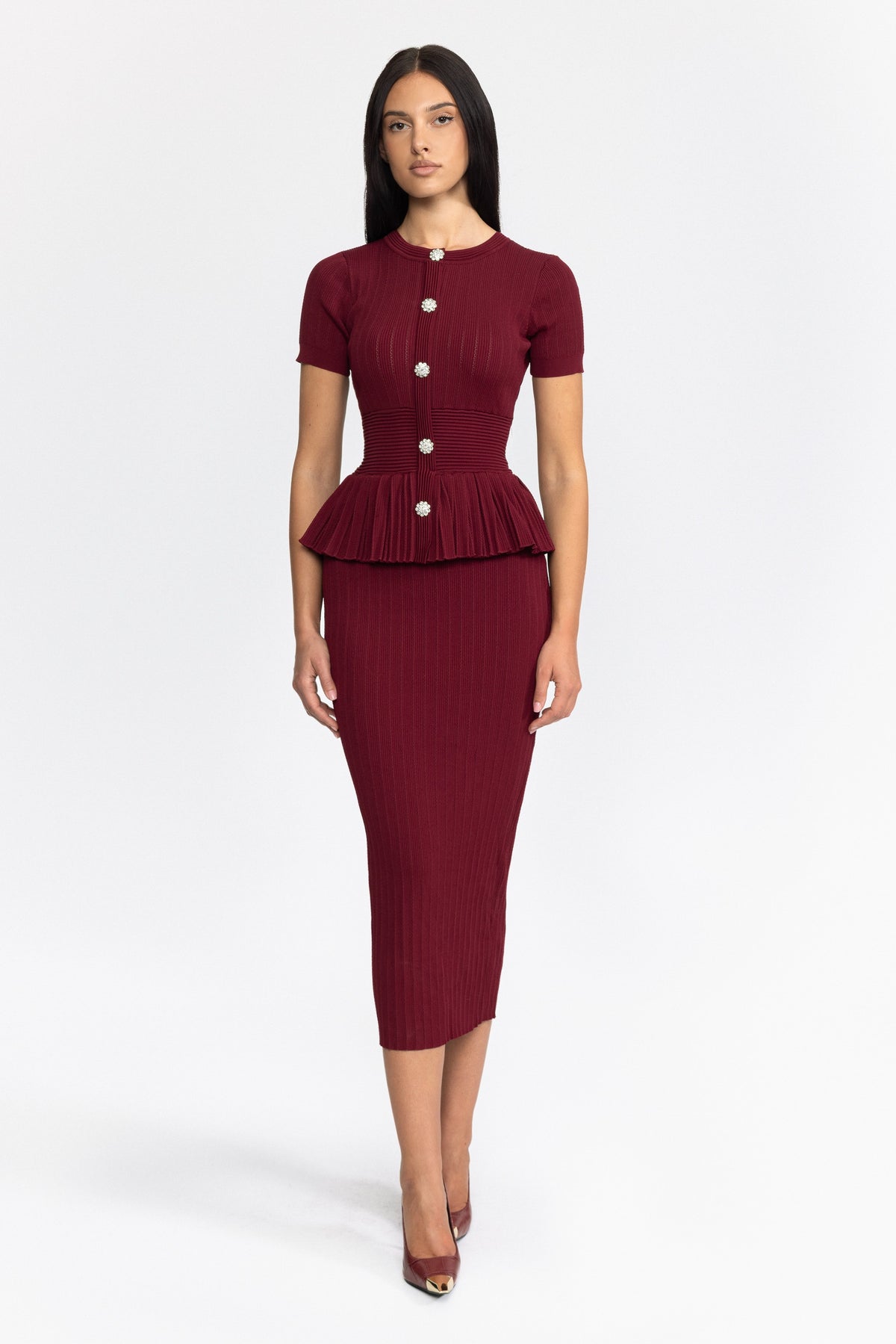 Pleated Peplum Knit Pencil Midi Dress - Wine