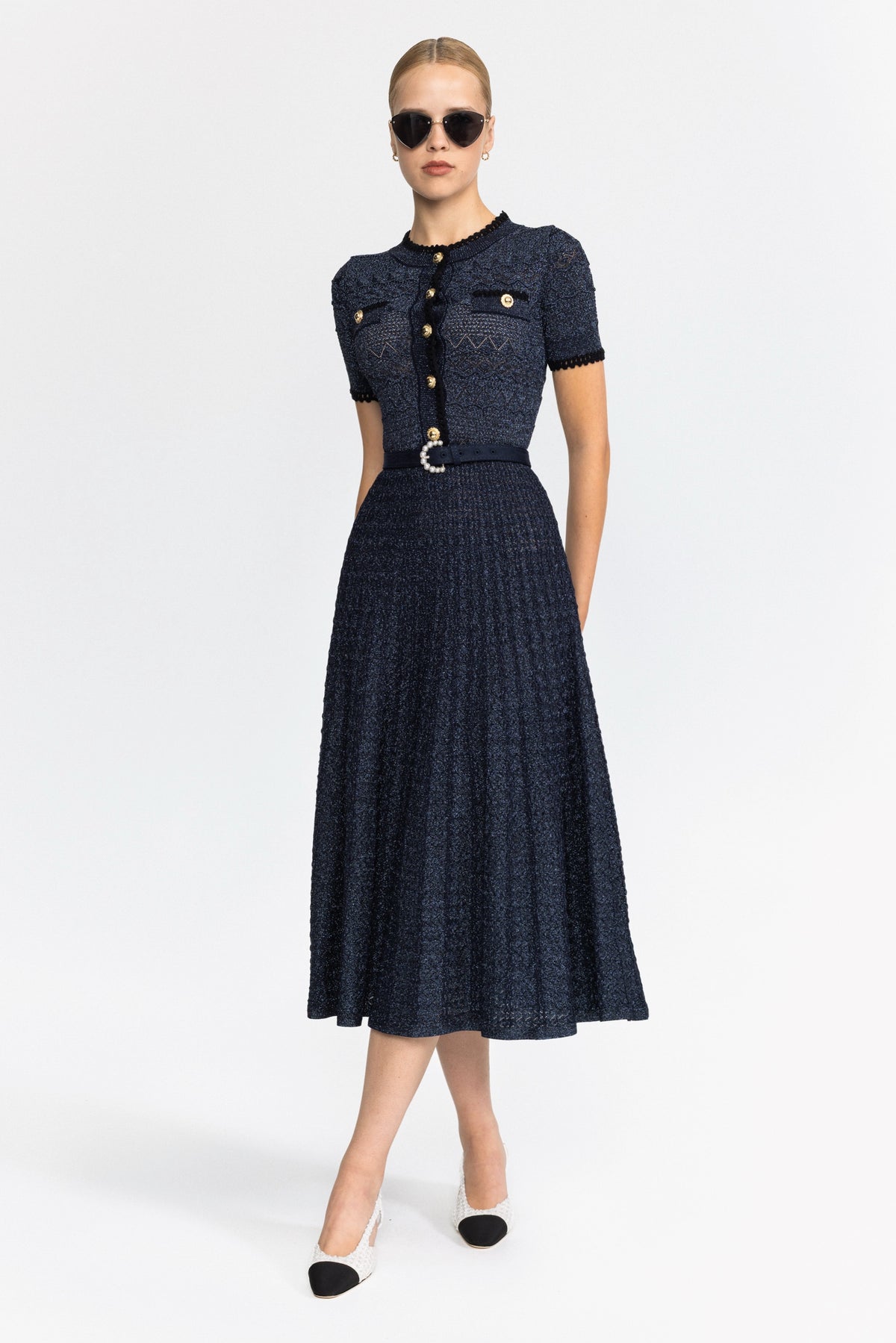 Rochie midi din tricot pointelle metalizat cu cordon - bleumarin 