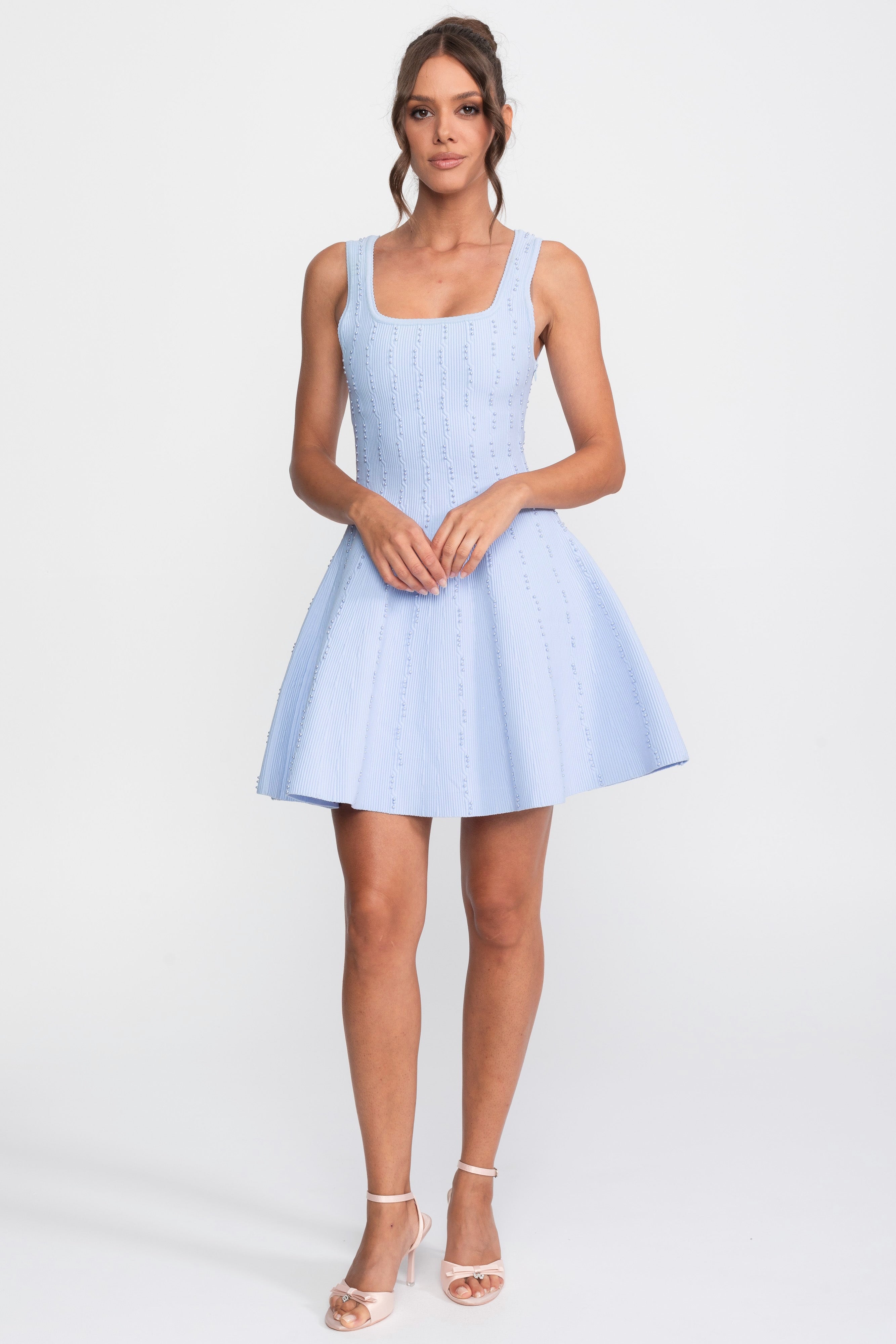 Rochie mini ribată cu perle și decolteu pătrat - Light Blue 