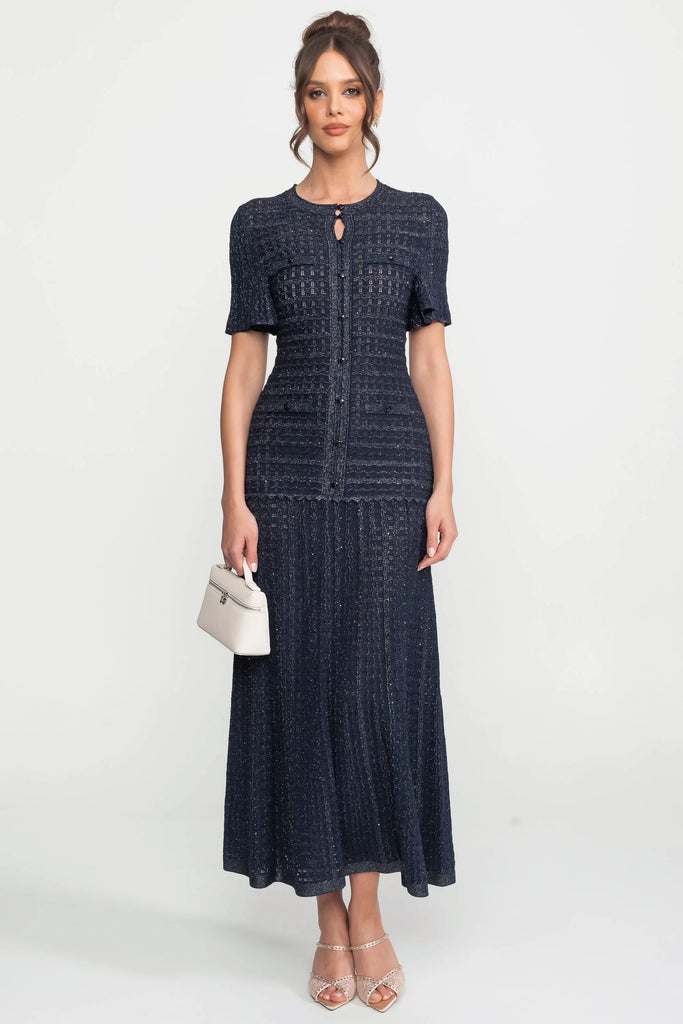 Rochie midi cu mâneci scurte, textură tricotată cu sclipiri - Navy 