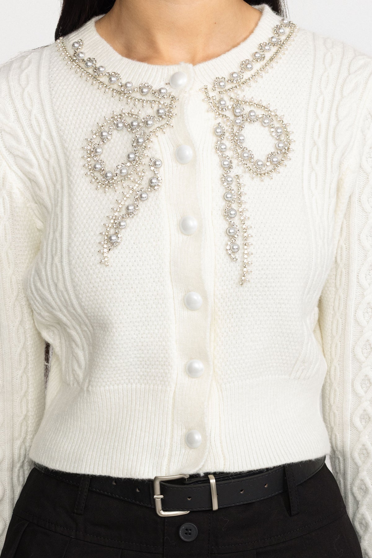 Pearl Bow Embellished Cable Knit Cardigan - White