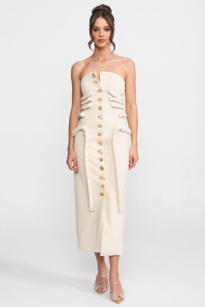 Rochie midi fără bretele cu detaliu sculptural de corsaj înnodat și nasturi bijuterie - Cream 
