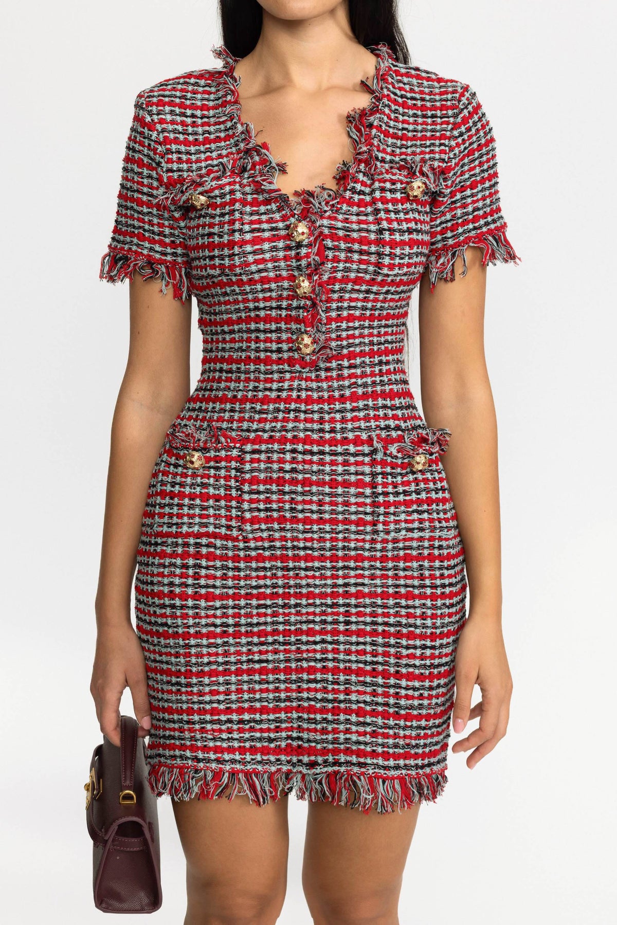 Rochie mini din tricot tweed cu franjuri - roșu multicolor 