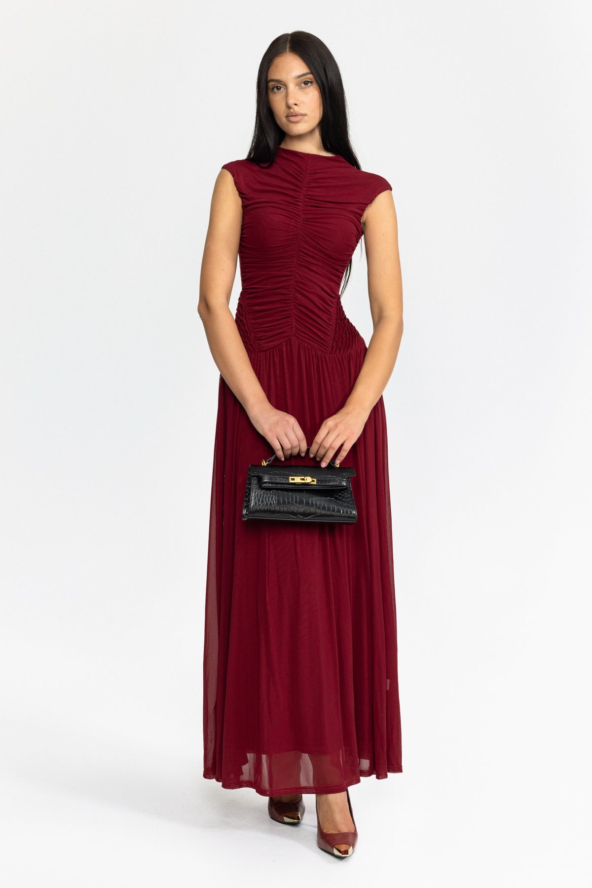 Rochie maxi din mesh drapată, cu talie joasă - Wine 