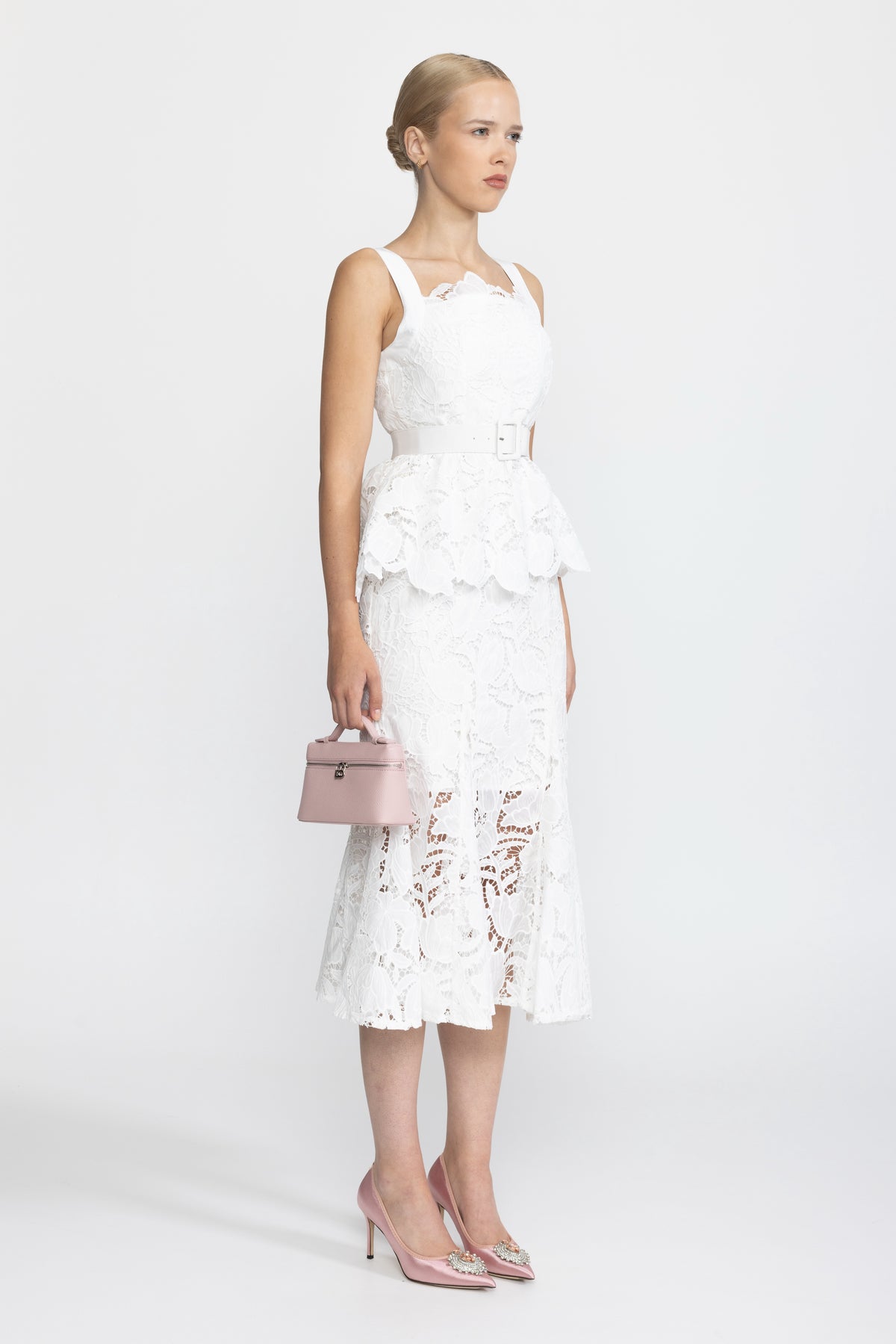 Guipure Lace Peplum Midi Dress - White
