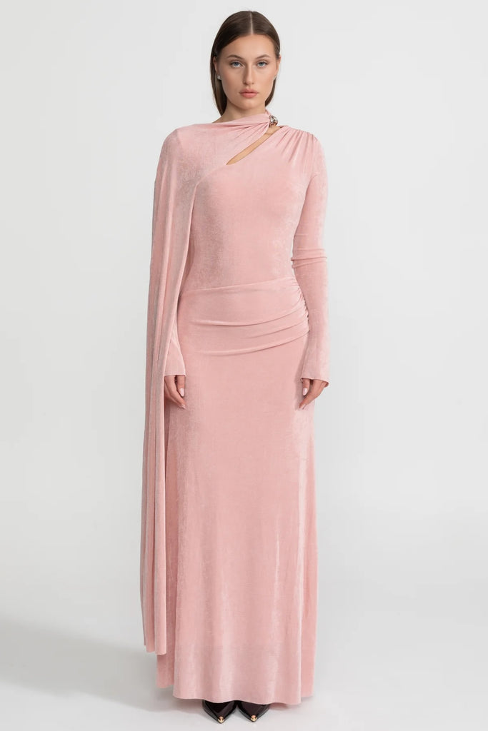 Rochie Elegantă Drapată cu Decupaj Asimetric – Blush Pink 