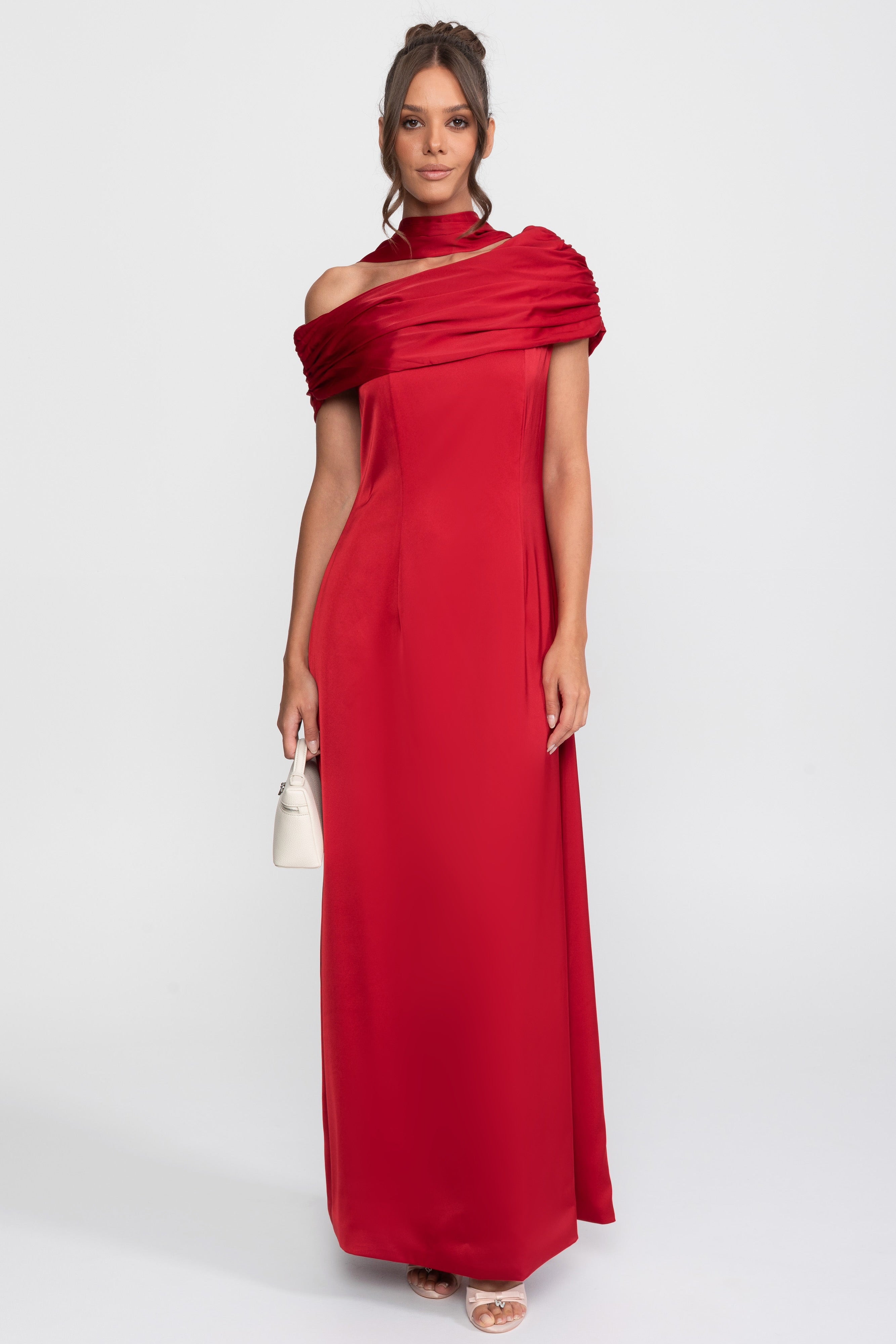 Rochie lungă din satin drapată, cu un umăr, cu înfășurare cu fronseuri - Red 