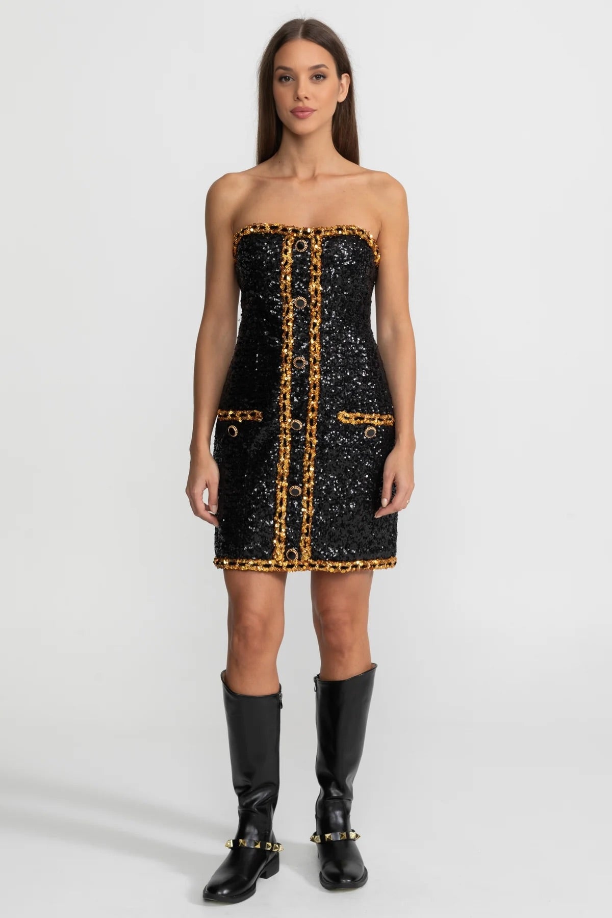 Strapless Sequin Mini Dress With Chain Trim Detailing – Black