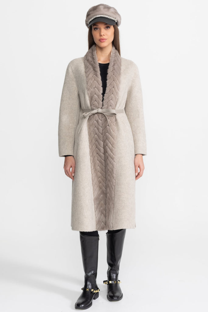Wool & Alpaca Coat with Textured Mink Fur Collar – Beige
