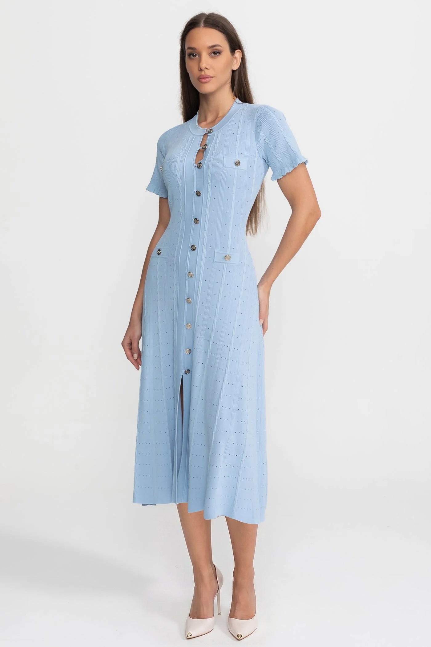 Knit Button-Front Midi Dress with Scalloped Sleeves – Baby Blue