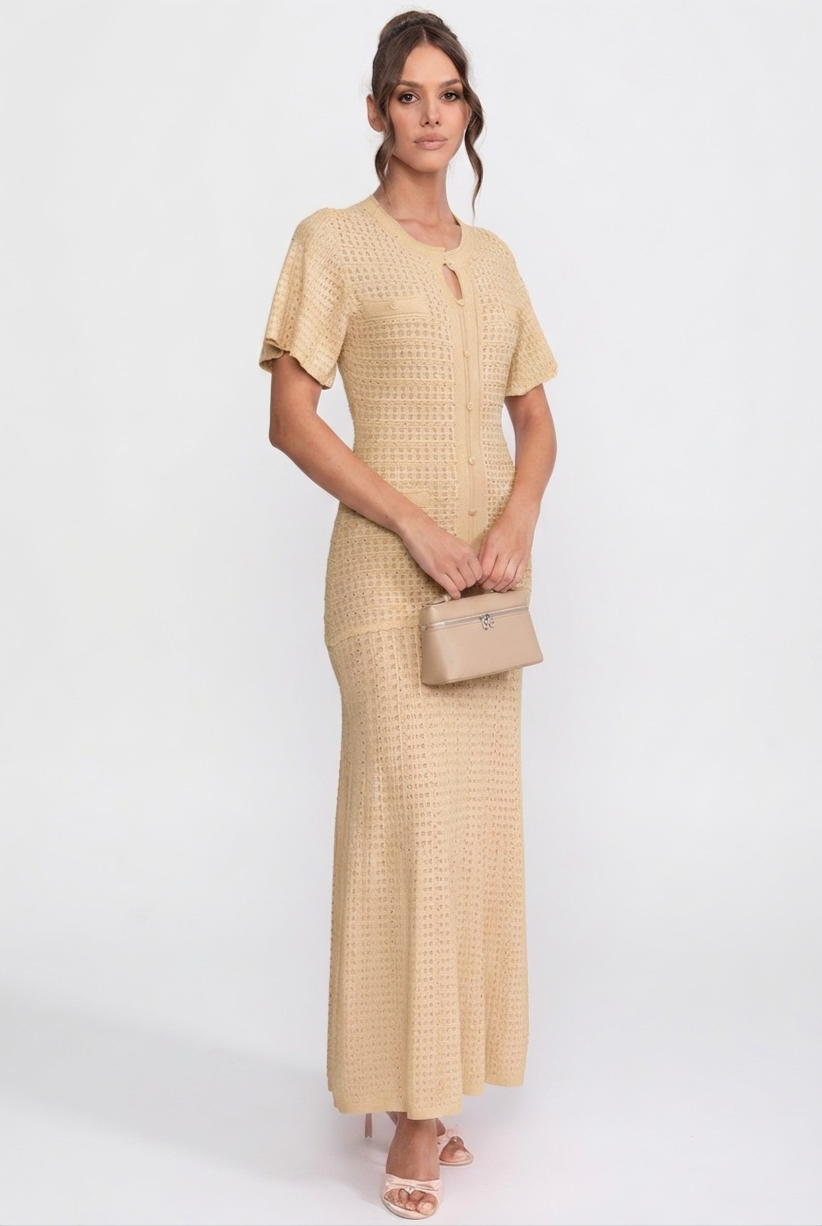 Rochie midi cu mânecă scurtă și textură tricotată cu sclipiri - Beige 