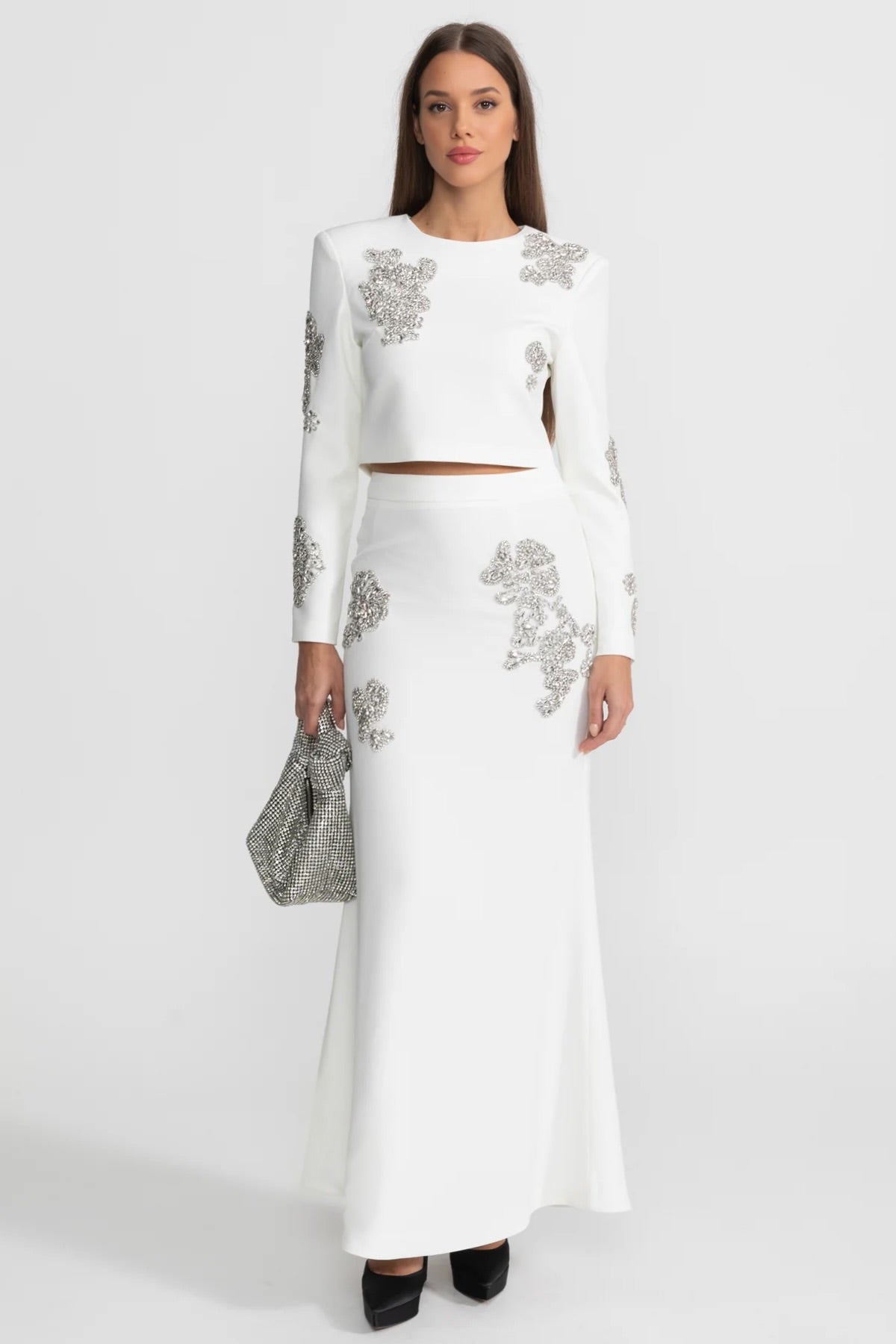 Embellished Co-Ord Set with Sparkling Crystal Embellishments - White