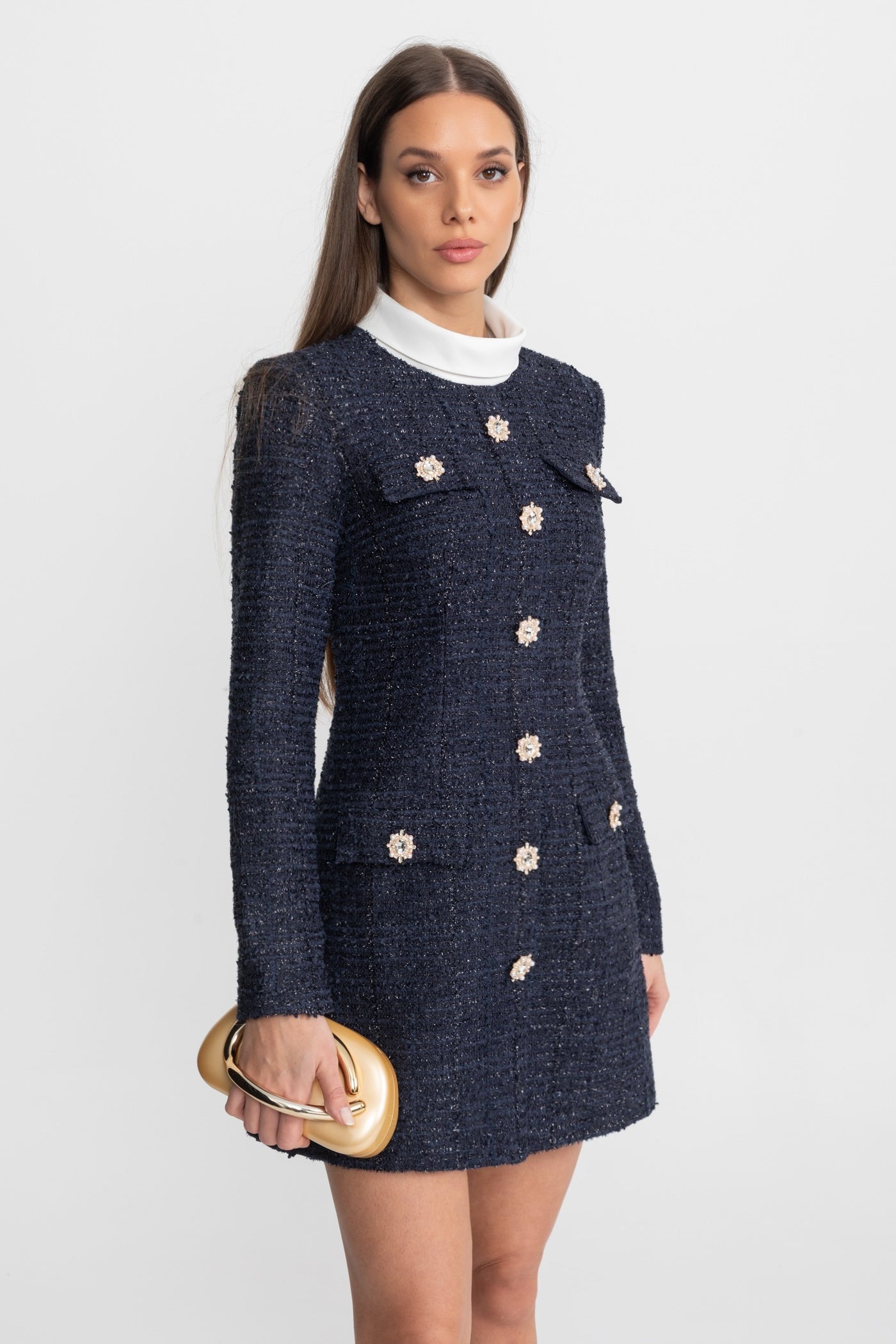 Textured Tweed Mini Dress with Crystal Button Embellishments – Navy