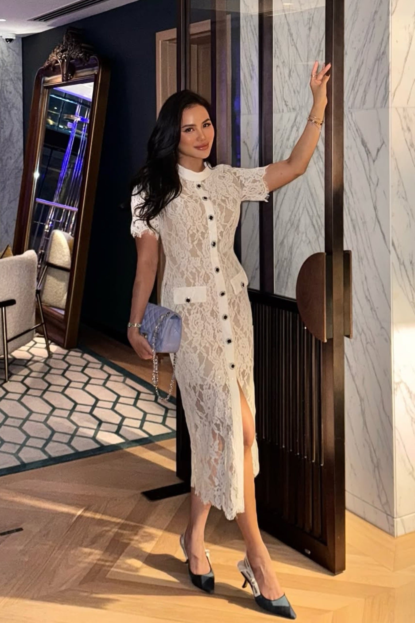 Rochie elegantă cu mâneci scurte din dantelă, cu curea asortată în talie - Alb 