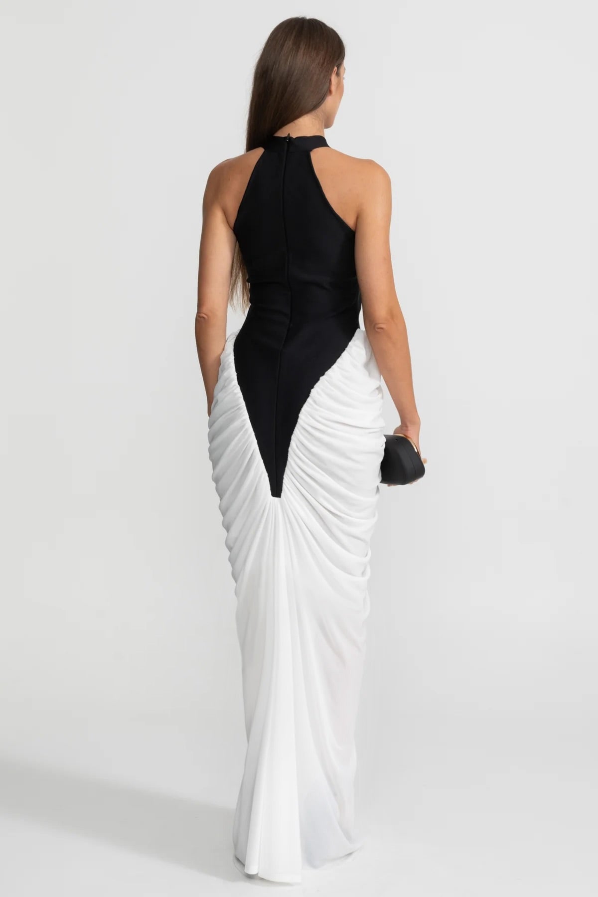 Halter Maxi Dress with  Contrasting Ruched Paneling - Black/White
