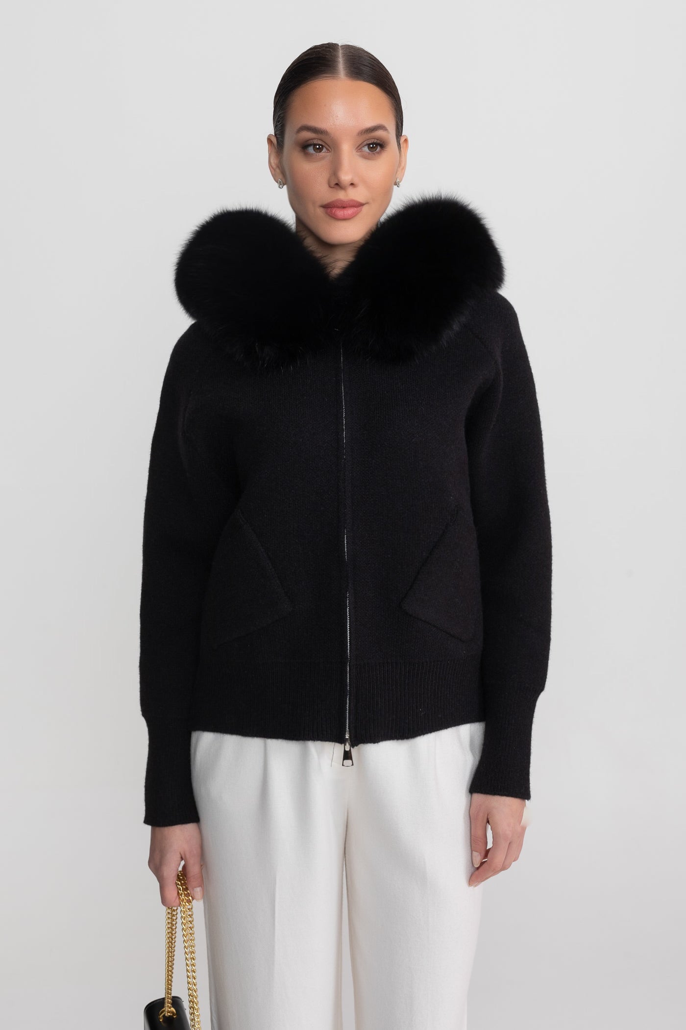 Hanorac din lână cu fermoar și guler din blană de vulpe – Negru 