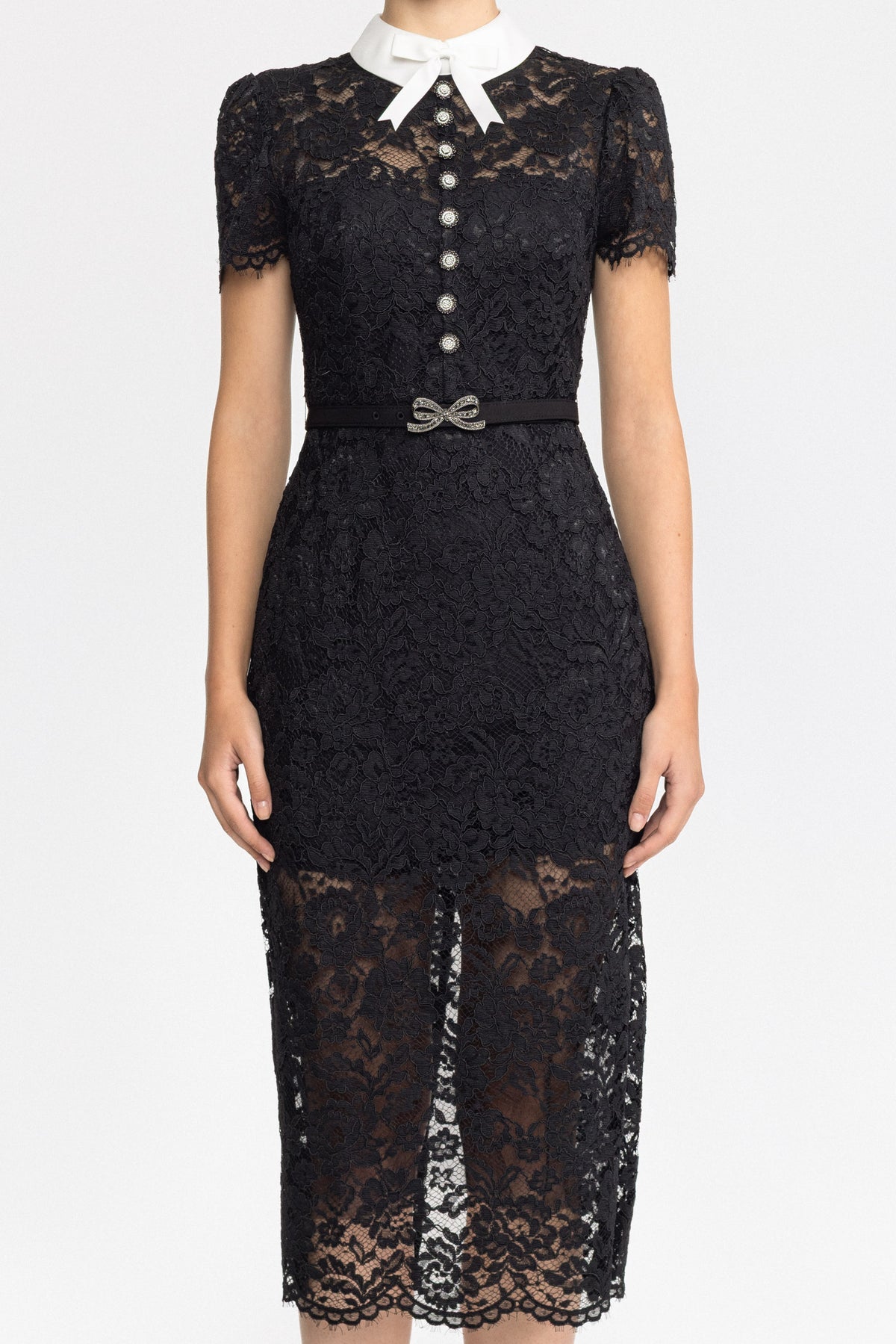 Rochie midi neagră cu guler cu fundă din dantelă cordonată 