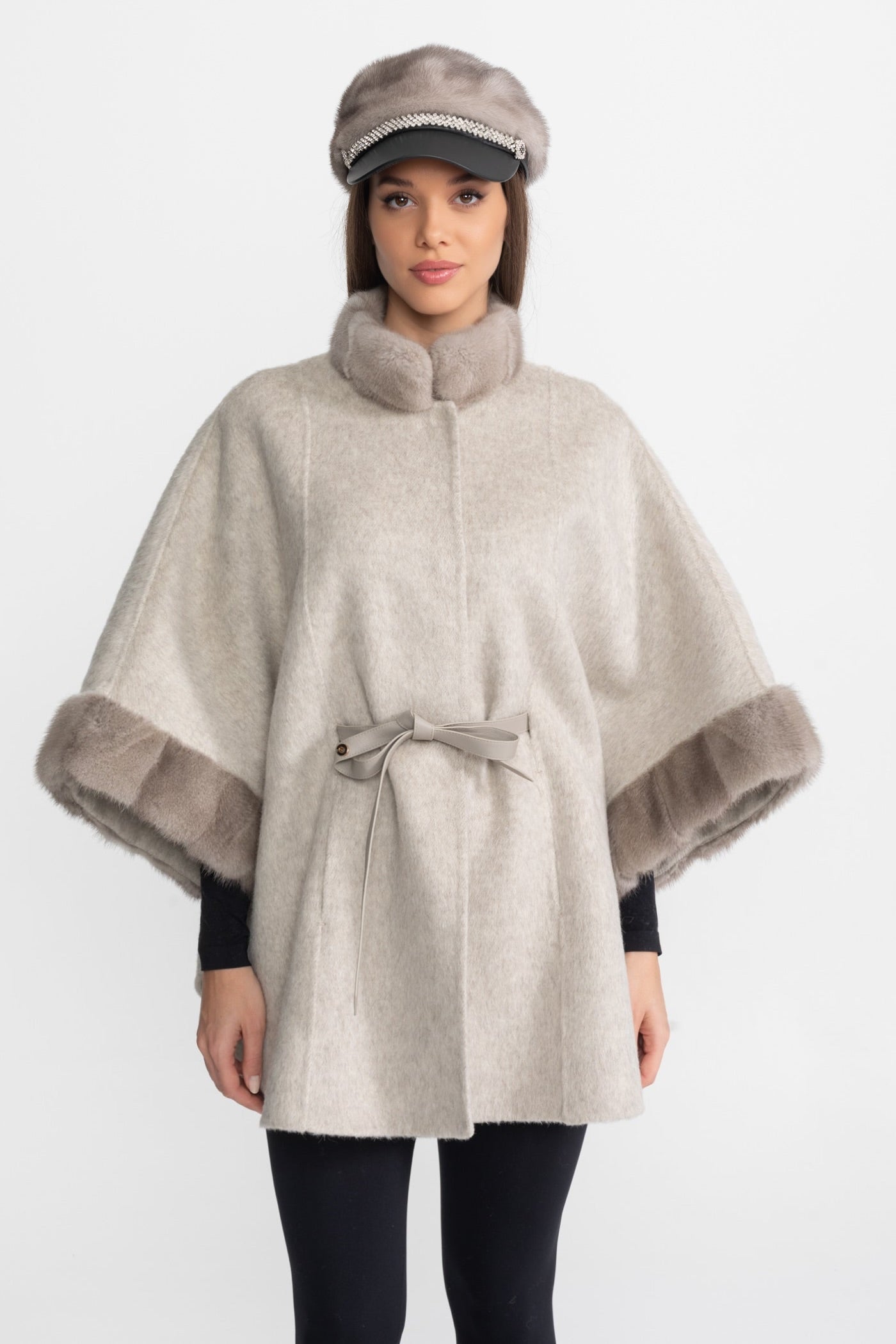 Wool Blend Cape Coat with Sable Fur Trim – Light Grey
