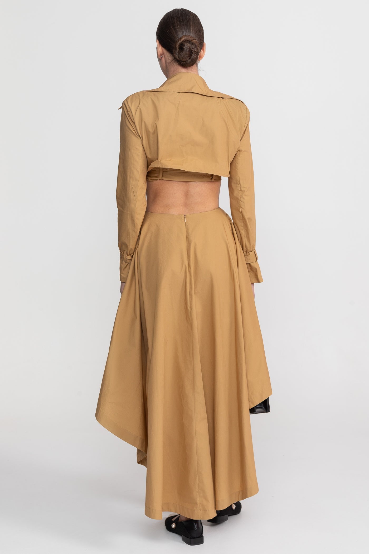 Cropped Trench Co-Ord Set With Asymmetric High-Low Skirt - Camel