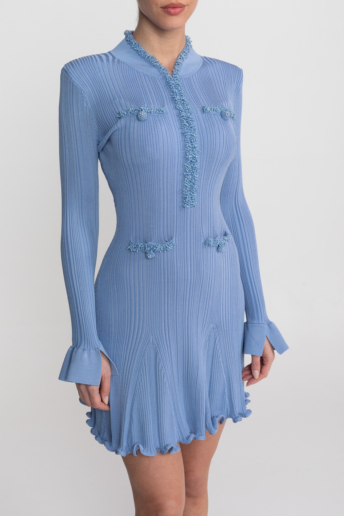 Rochie mini din tricot nervurat cu detalii de margelute - Blue 