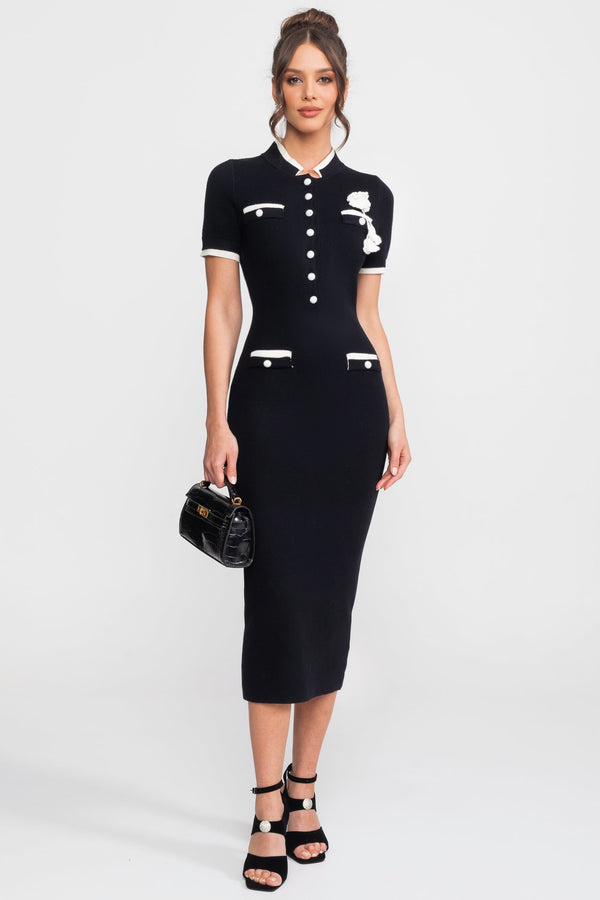 Rochie midi din tricot ribat, cu margini contrastante și buzunare decorative - Negru 