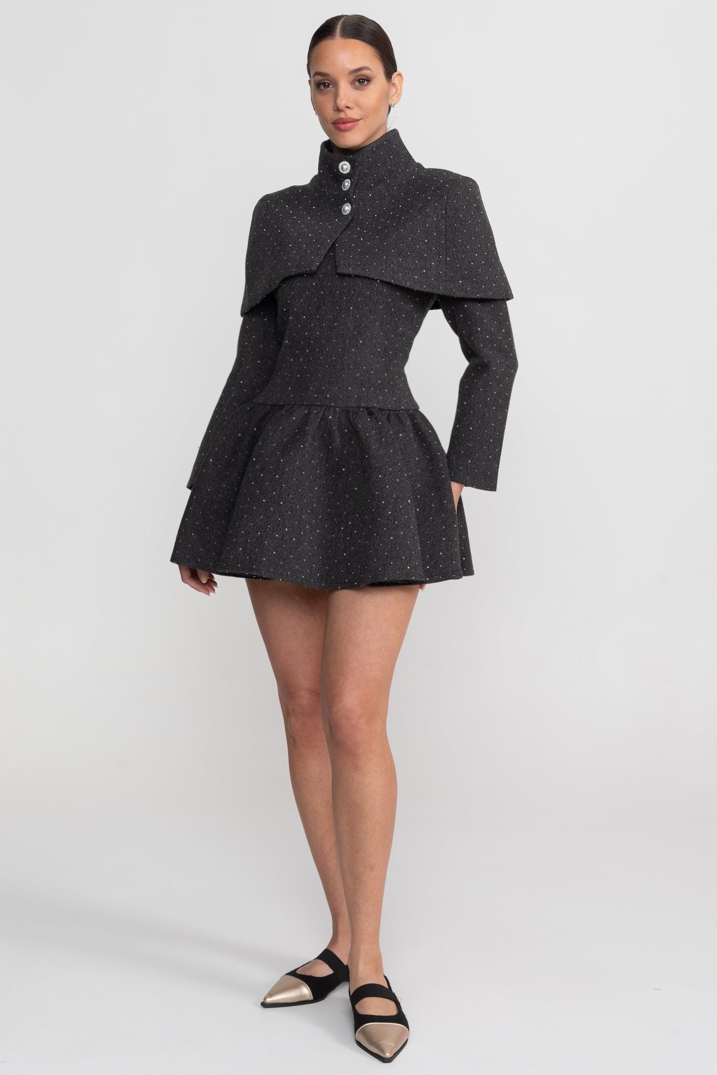 Rochie mini cu mâneci lungi și suprapunere de pelerină detașabilă - Charcoal 