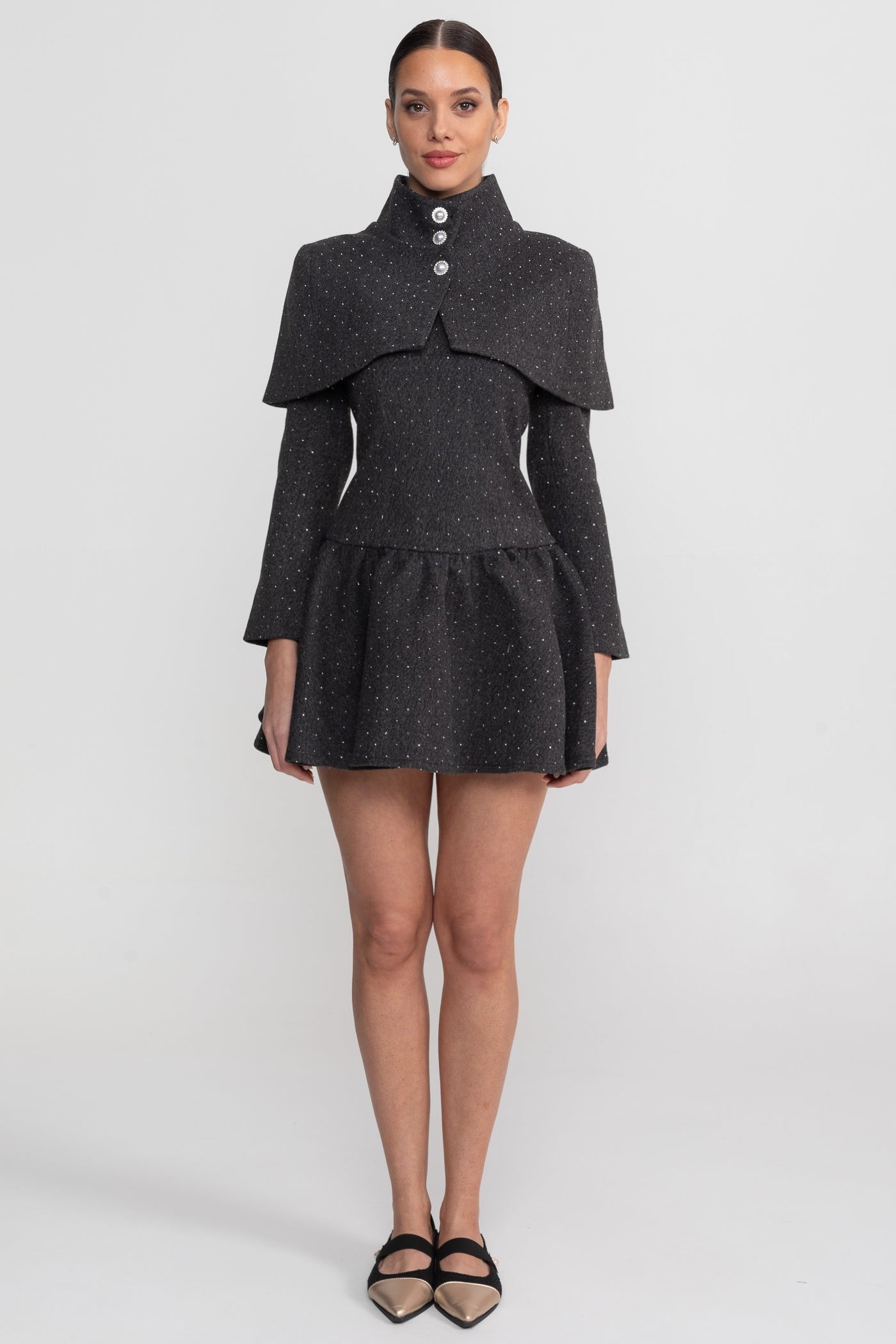 Rochie mini cu mâneci lungi și suprapunere de pelerină detașabilă - Charcoal 