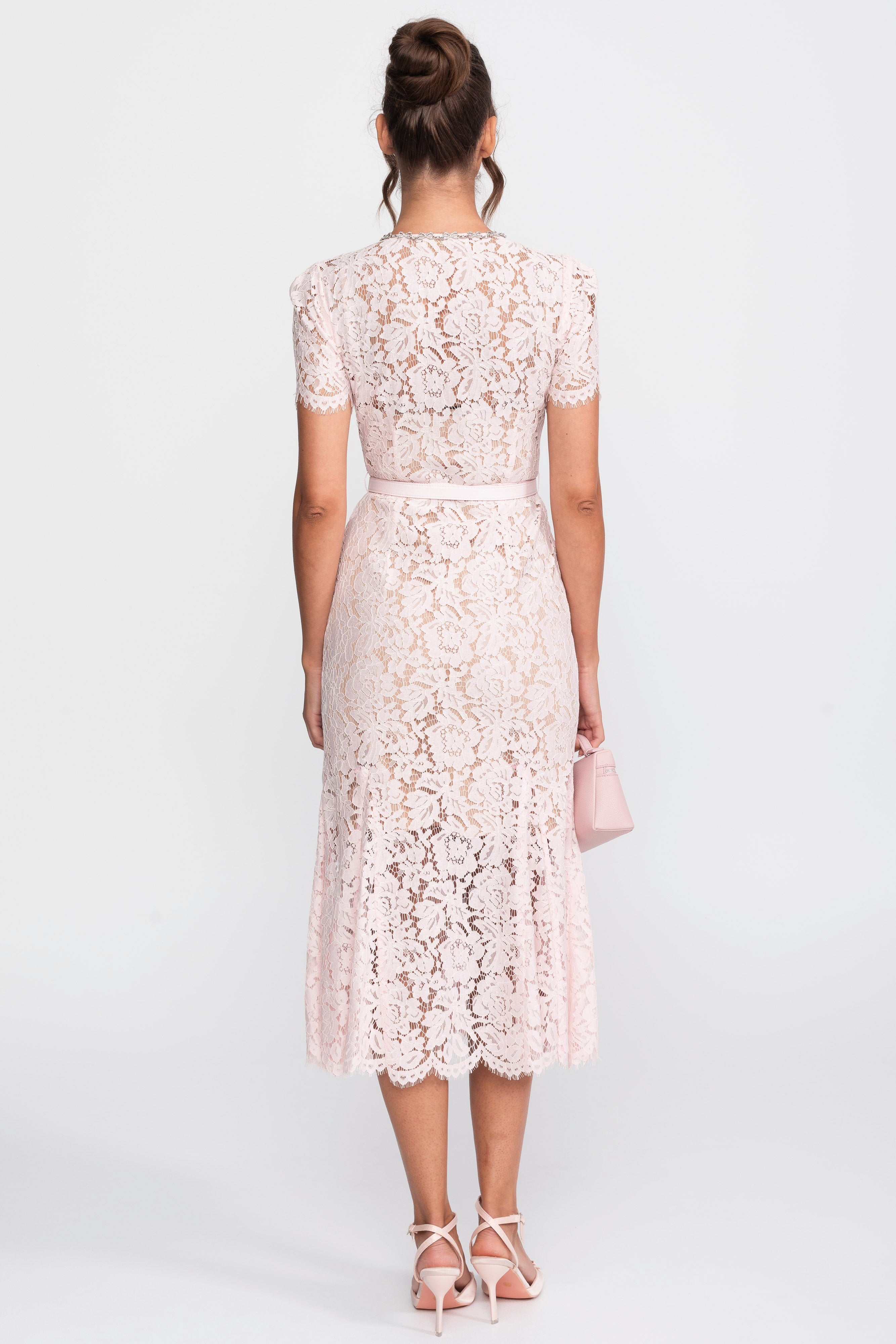 Elegant Floral Lace Fitted Dress with Button Detail and Scalloped Hem - Blush Pink