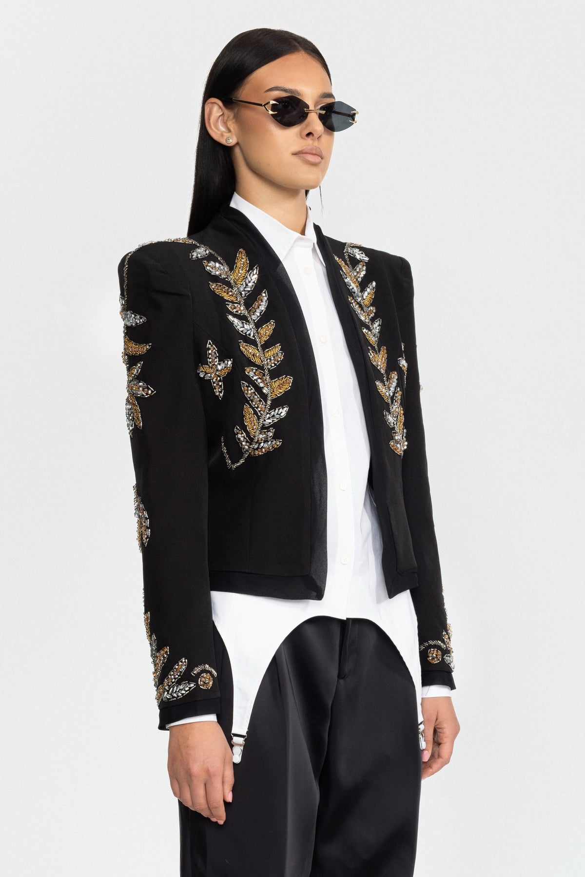 Embellished Laurel Cropped Blazer - Black