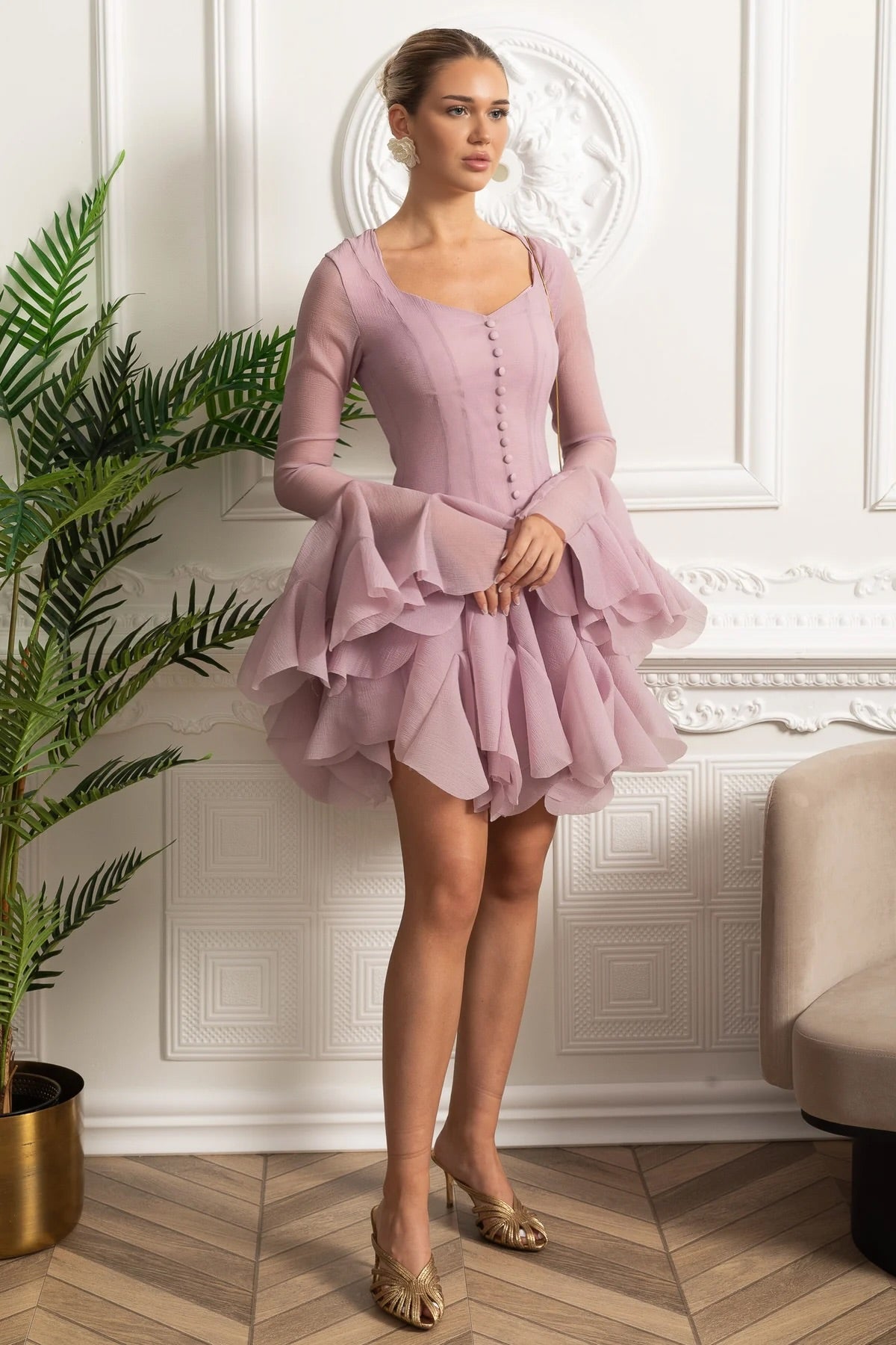 Sheer Sleeve Corset-Waist Ruffle Hem Mini Dress - Pink