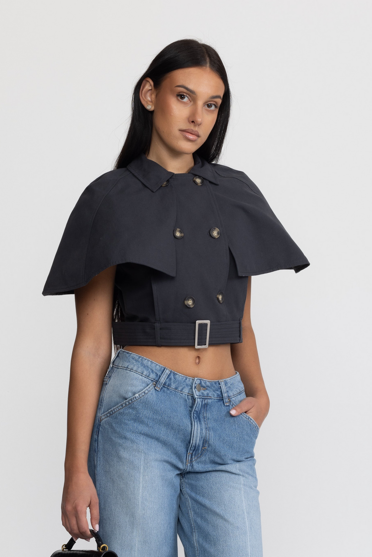 Top tip pelerină trench cropped cu curea - bleumarin 