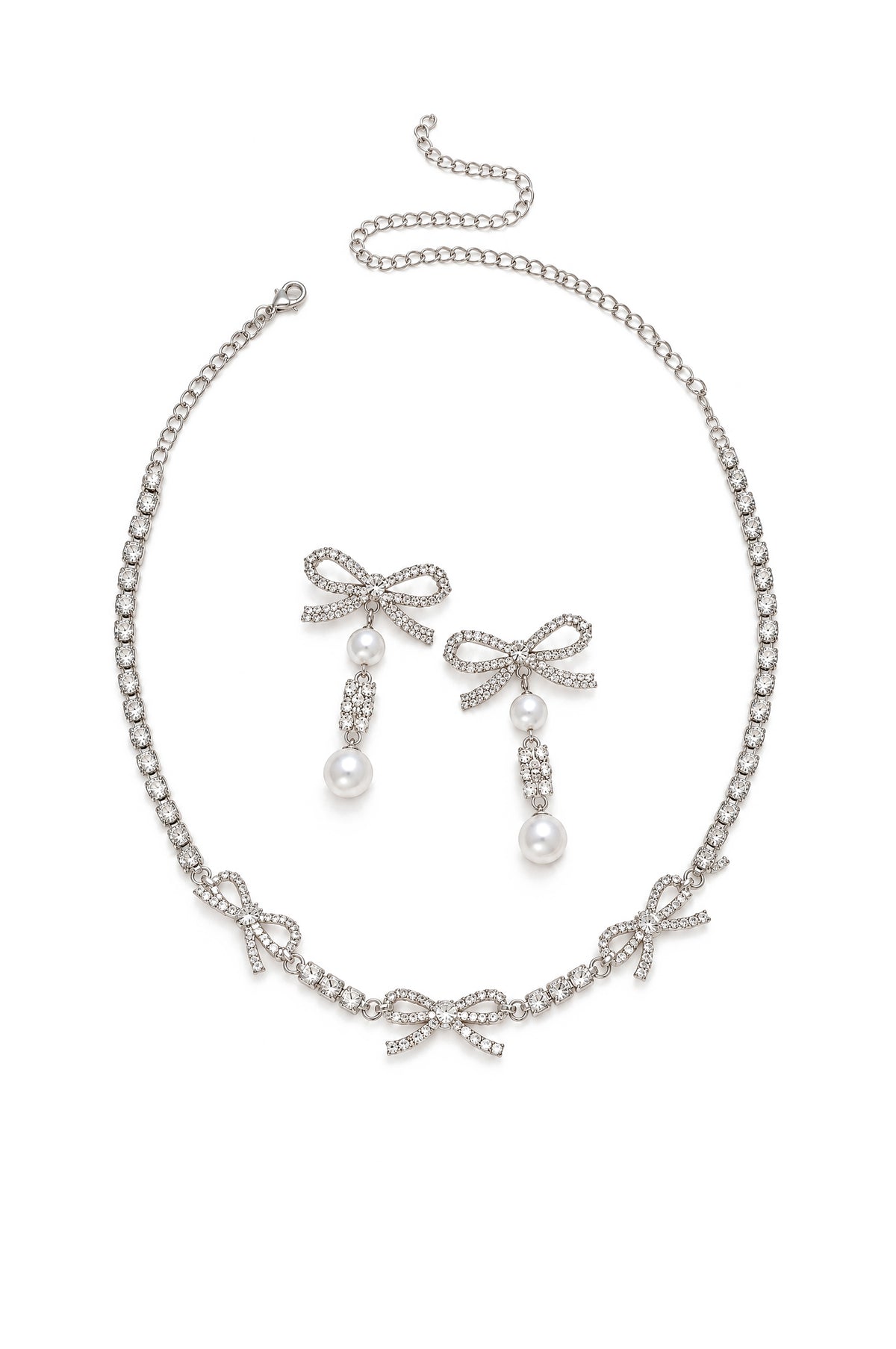 Crystal Bow Necklace and Pearl Drop Earrings Set - Silver