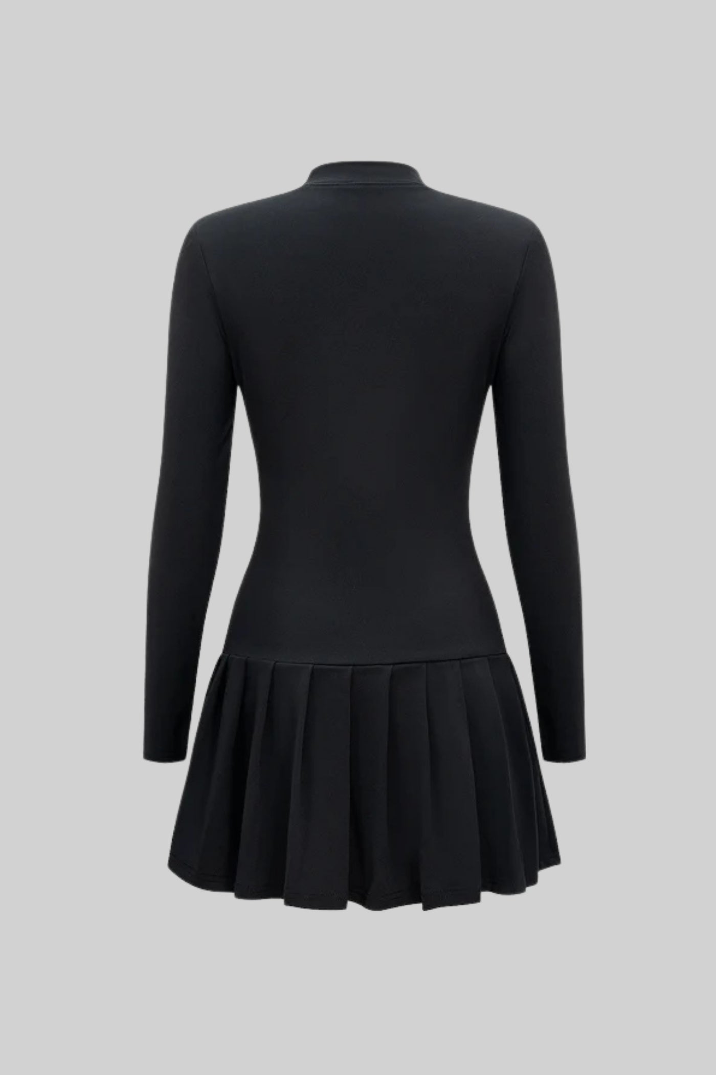 Rochie mini plisată cu fundă la gât și nasturi aurii – Negru 