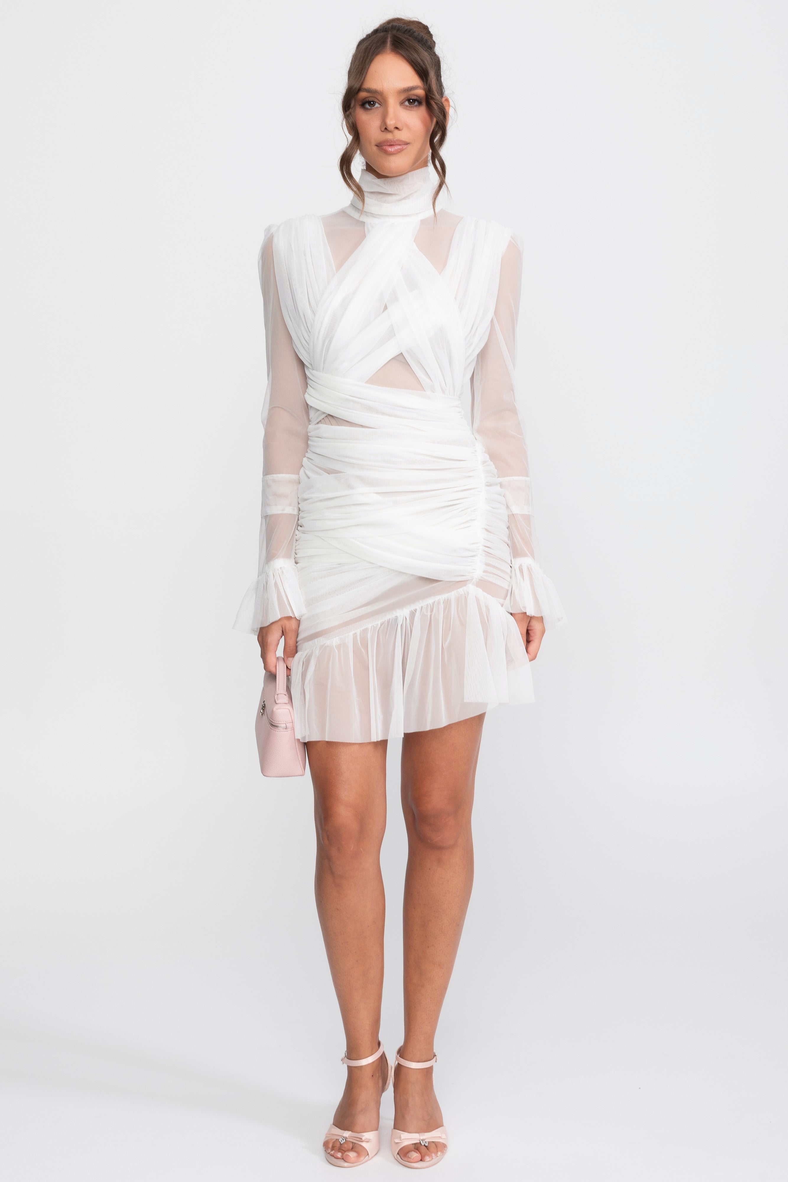 Cross-Wrap Ruffle Mesh Mini Dress With Long Sleeves - White