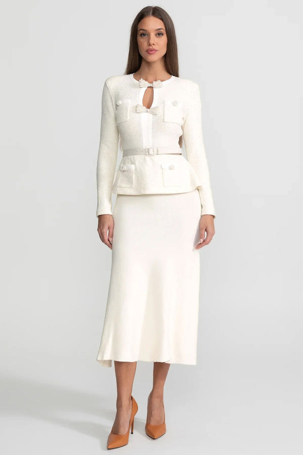 Rochie Midi din Tricot Tweed cu Peplum – Ivoire 