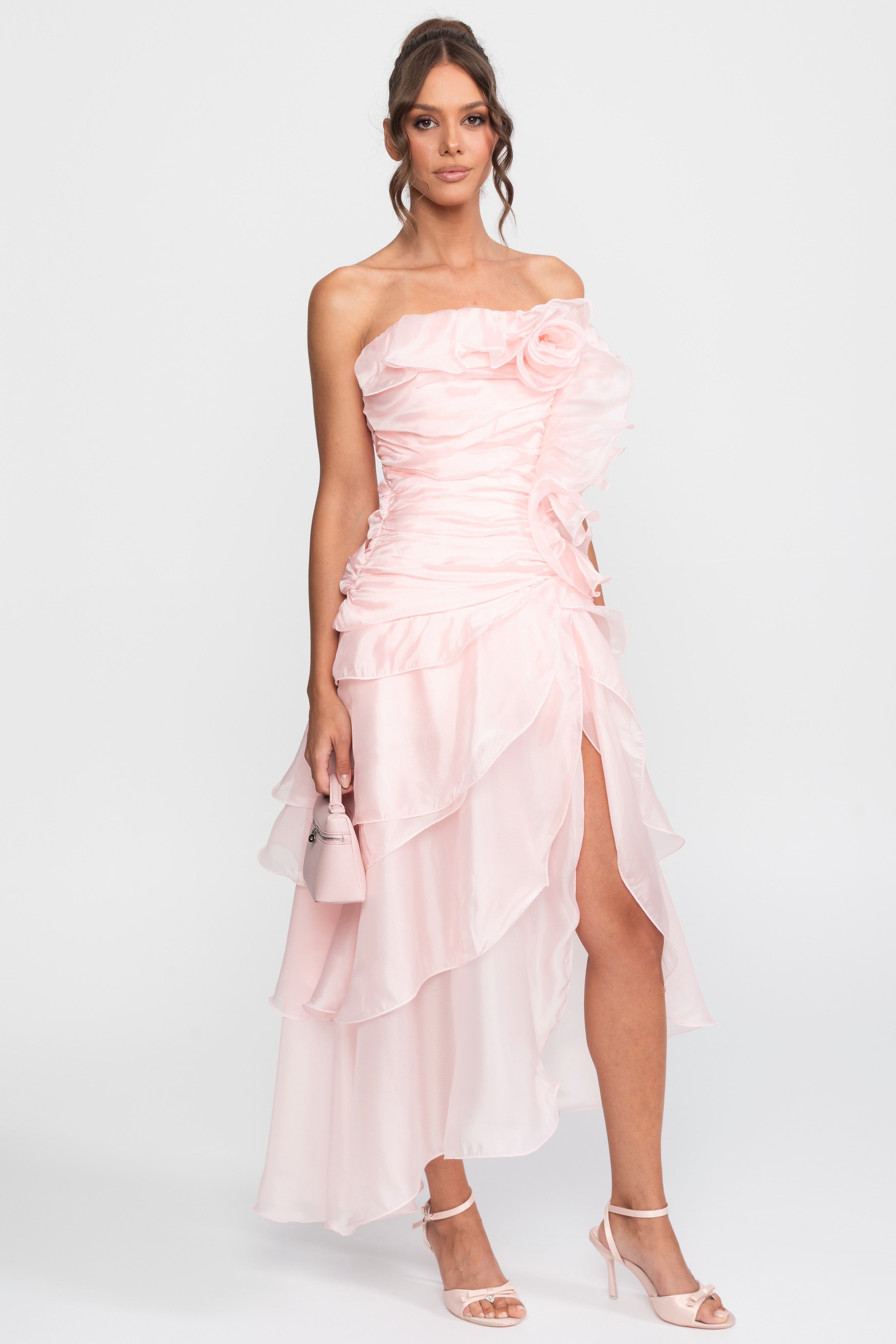 Rochie fără bretele Rosette Petal, cu aplicații florale 3D - Roz 