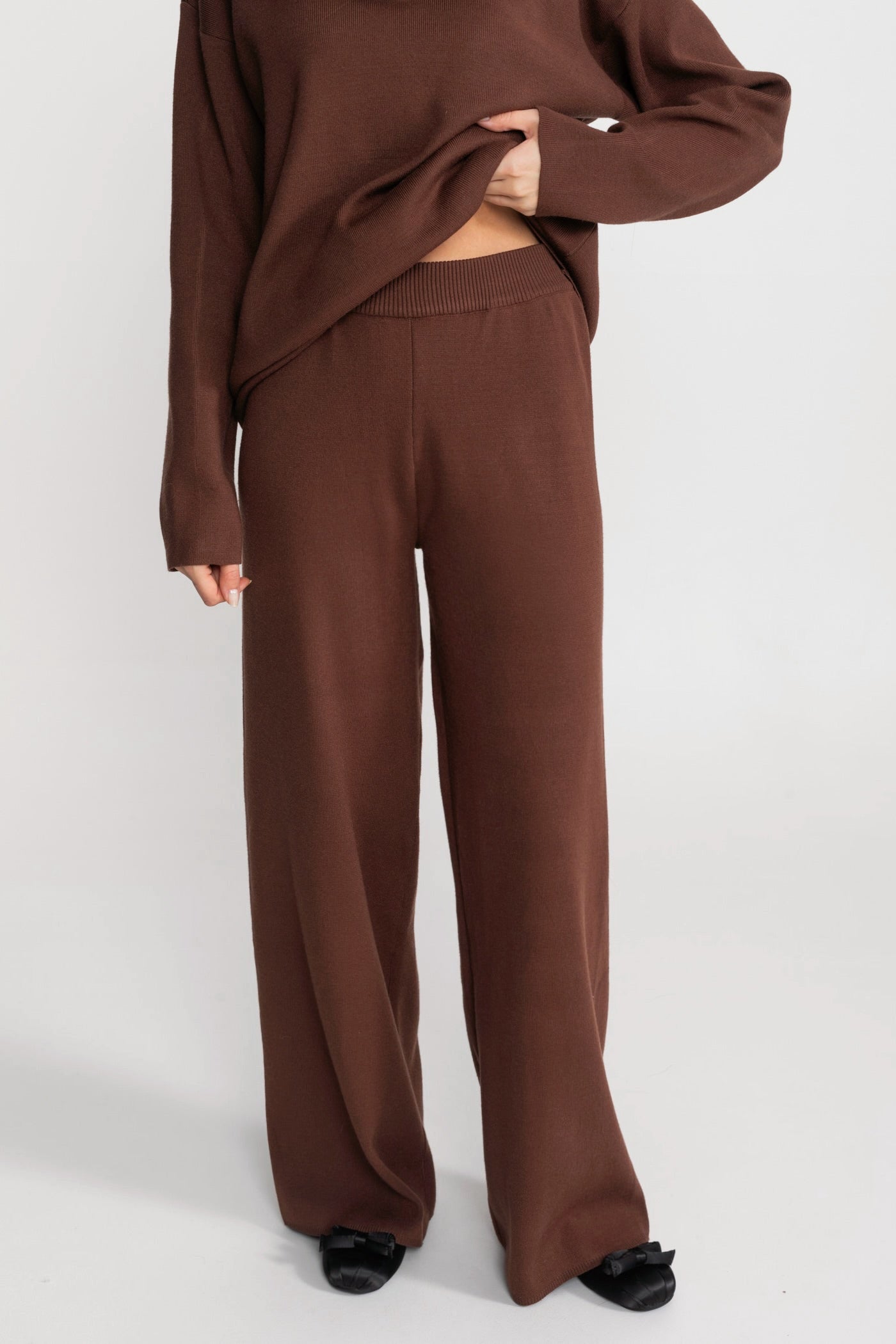 Knit Lounge Co-Ord Set with Fox Fur Collar – Brown