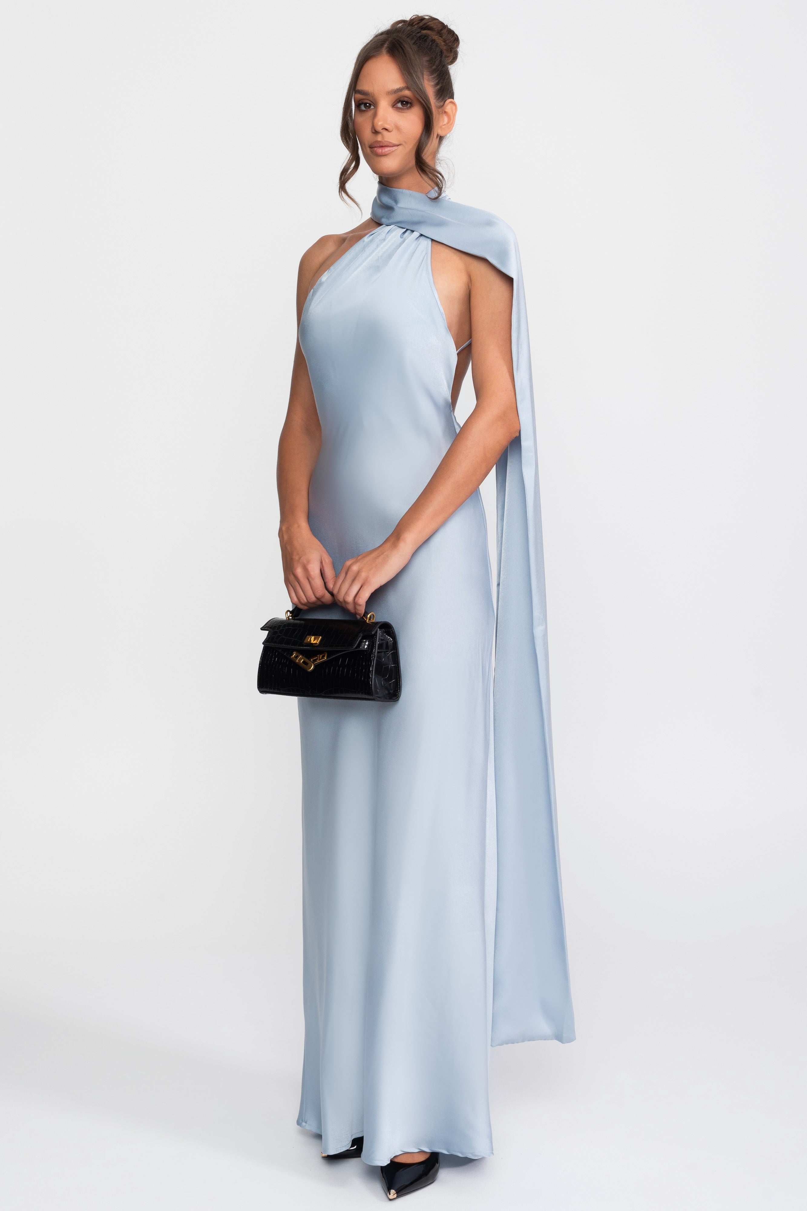 Rochie slip din satin, cu halter răsucit și decolteu asimetric - Albastru 