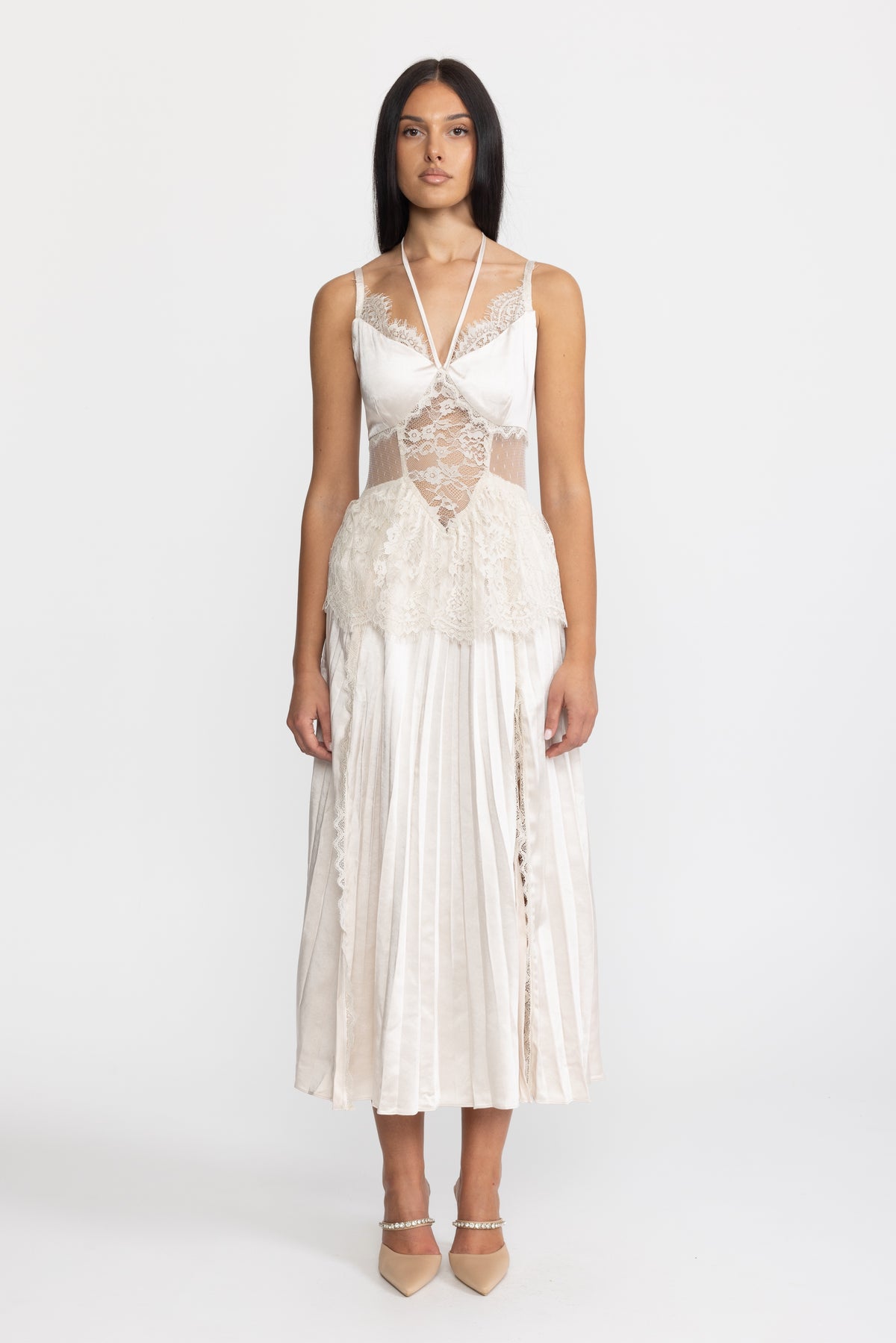 Lace Insert Satin Halter Pleated Midi Dress - Ivoire
