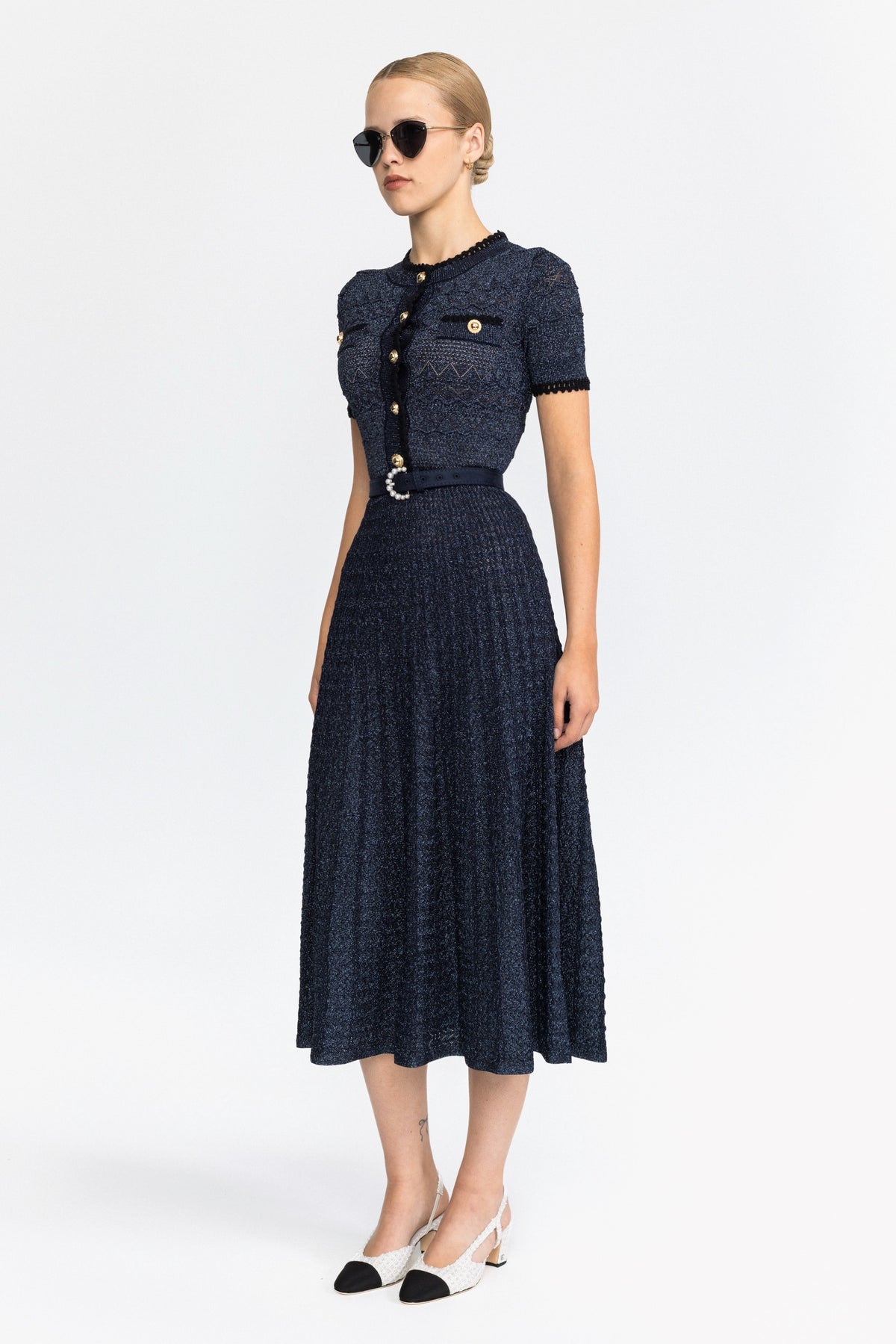 Rochie midi din tricot pointelle metalizat cu cordon - bleumarin 